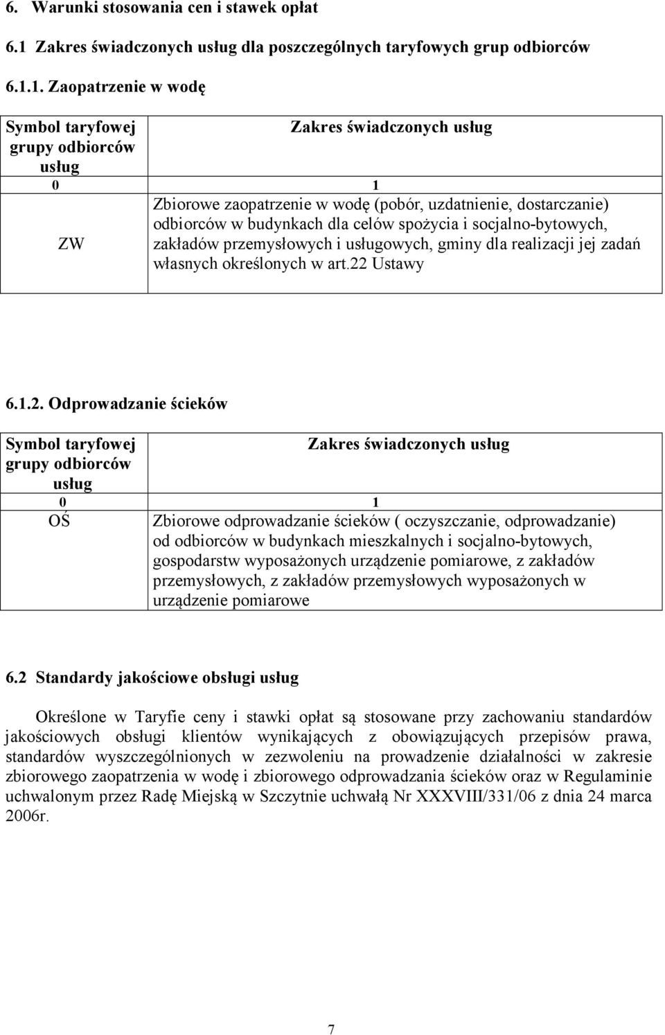 1. Zaopatrzenie w wodę Symbol taryfowej grupy odbiorców usług 0 1 ZW Zakres świadczonych usług Zbiorowe zaopatrzenie w wodę (pobór, uzdatnienie, dostarczanie) odbiorców w budynkach dla celów spożycia