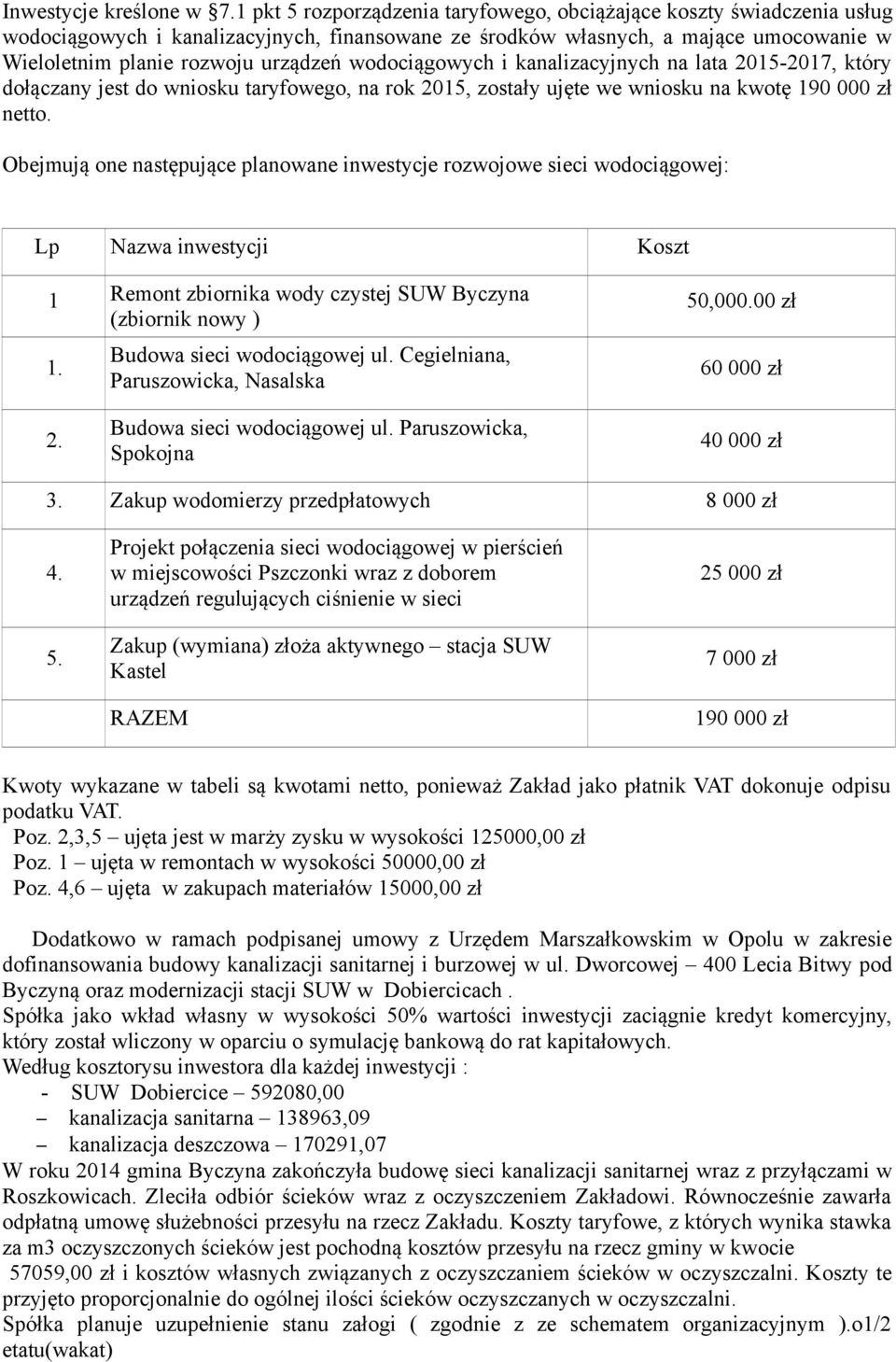 wodociągowych i kanalizacyjnych na lata 2015-2017, który dołączany jest do wniosku taryfowego, na rok 2015, zostały ujęte we wniosku na kwotę 190 000 zł netto.