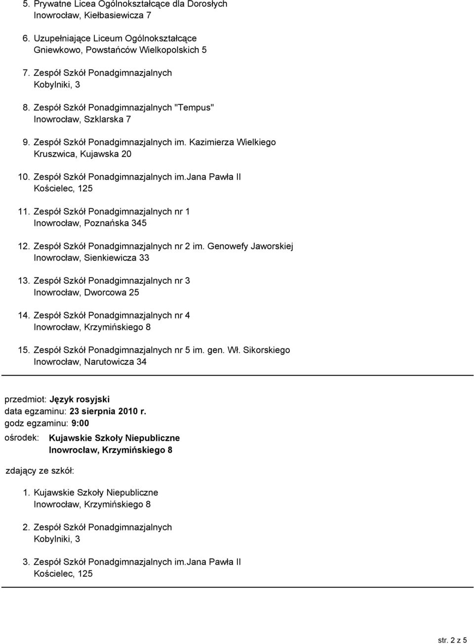 Zespół Szkół Ponadgimnazjalnych nr 1 12. Zespół Szkół Ponadgimnazjalnych nr 2 im. Genowefy Jaworskiej 13. Zespół Szkół Ponadgimnazjalnych nr 3 Inowrocław, Dworcowa 25 14.