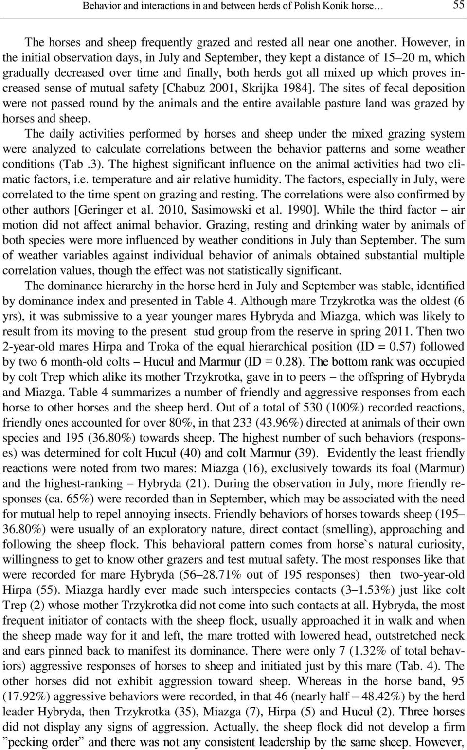 sense of mutual safety [Chabuz 2001, Skrijka 1984]. The sites of fecal deposition were not passed round by the animals and the entire available pasture land was grazed by horses and sheep.