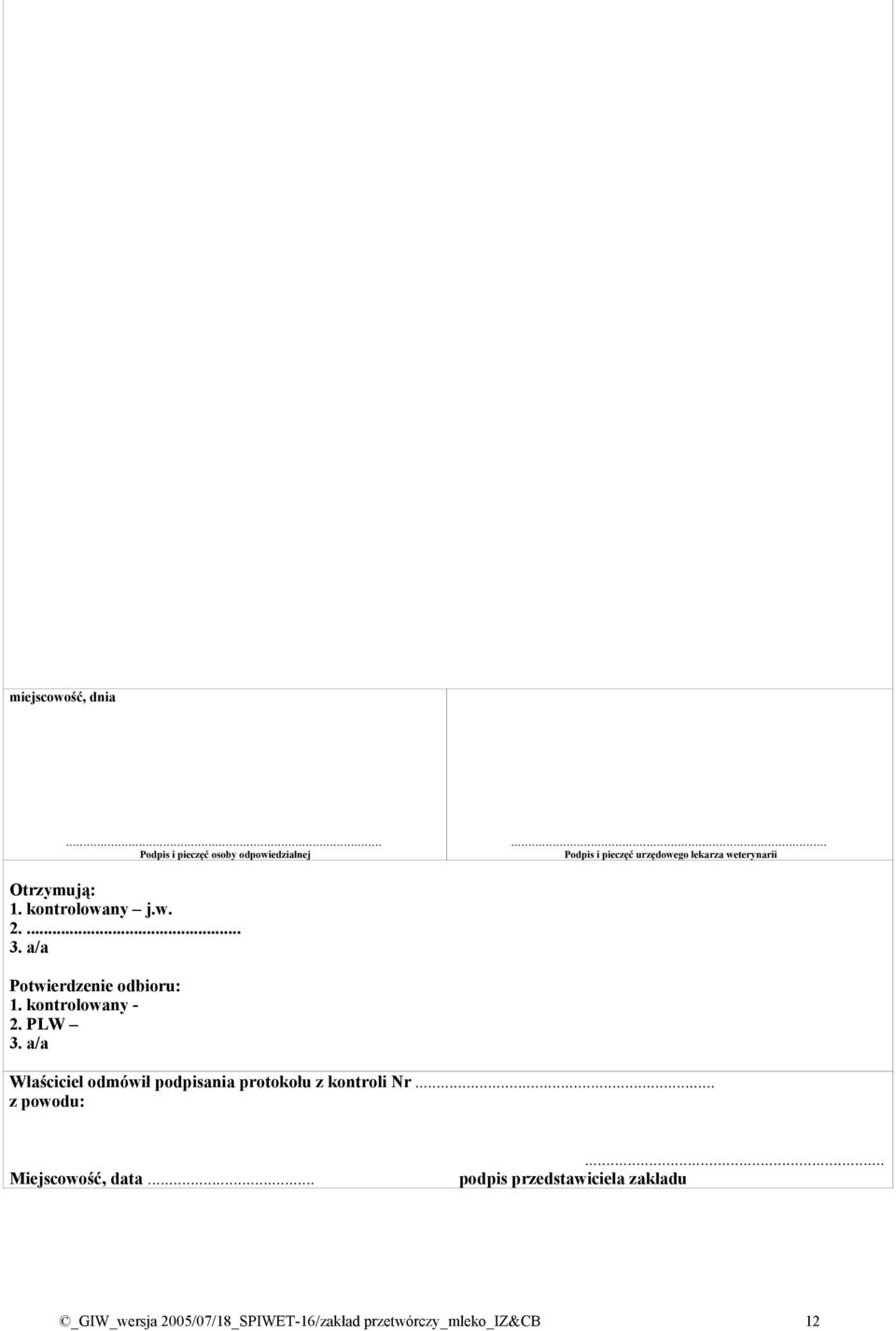 a/a Potwierdzenie odbioru: 1. kontrolowany - 2. PLW 3.