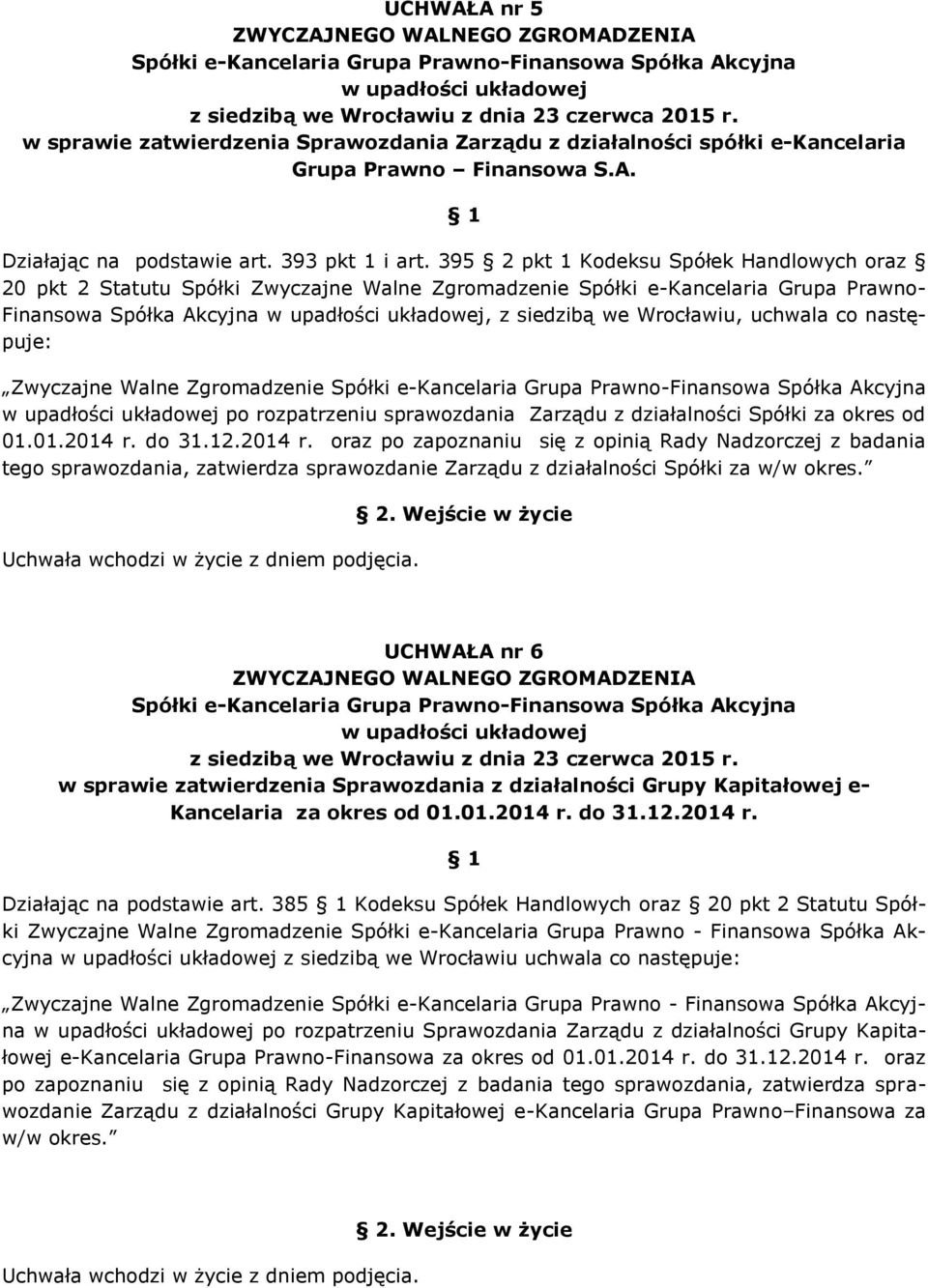 następuje: Zwyczajne Walne Zgromadzenie po rozpatrzeniu sprawozdania Zarządu z działalności Spółki za okres od 01.01.2014 r.