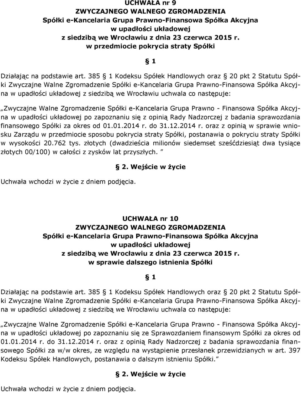 Finansowa Spółka Akcyjna po zapoznaniu się z opinią Rady Nadzorczej z badania sprawozdania finansowego Spółki za okres od 01.01.2014 r.