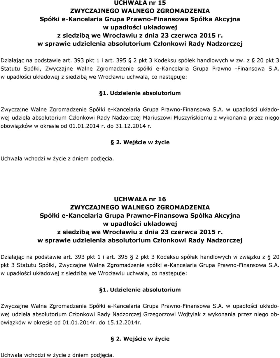 do 31.12.2014 r. UCHWAŁA nr 16 w sprawie udzielenia absolutorium Członkowi Rady Nadzorczej Działając na podstawie art. 393 pkt 1 i art.