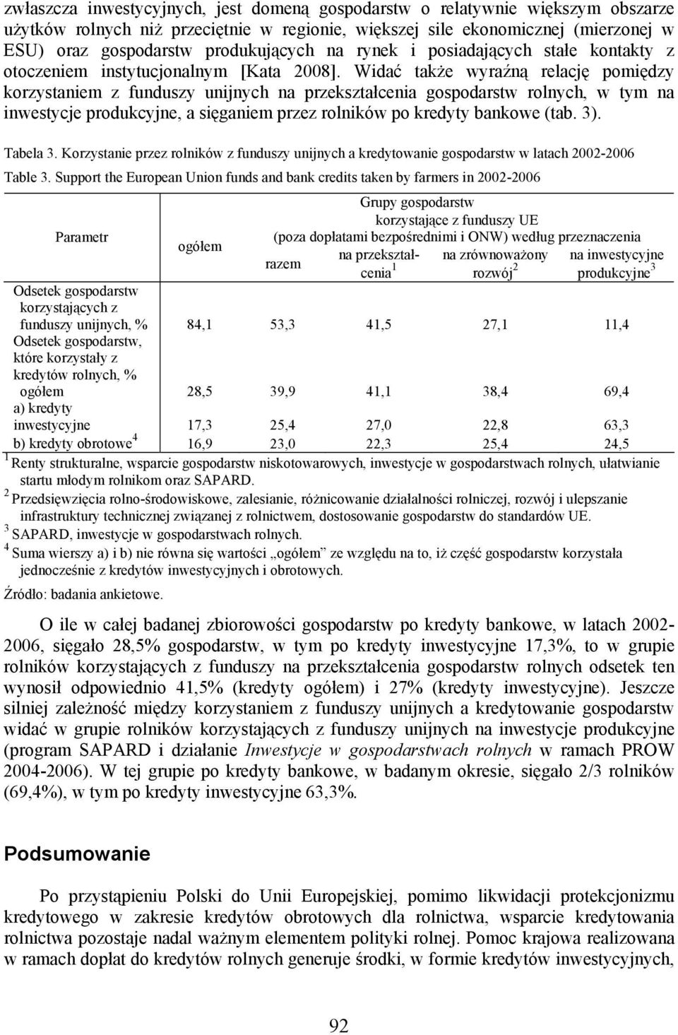 Widać także wyraźną relację pomiędzy korzystaniem z funduszy unijnych na przekształcenia gospodarstw rolnych, w tym na inwestycje produkcyjne, a sięganiem przez rolników po kredyty bankowe (tab. 3).