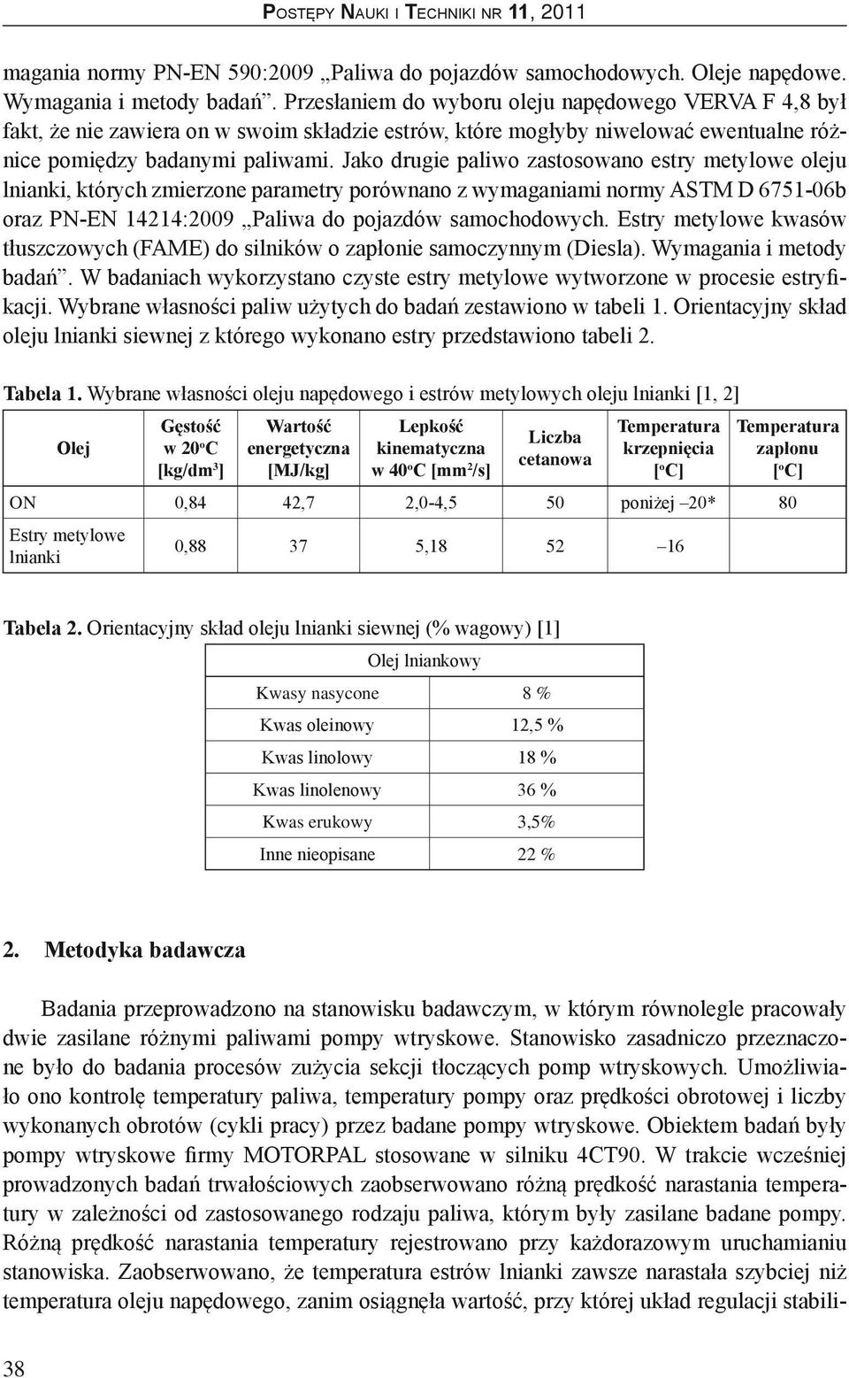 Jako drugie paliwo zastosowano estry metylowe oleju lnianki, których zmierzone parametry porównano z wymaganiami normy ASTM D 6751-06b oraz PN-EN 14214:2009 Paliwa do pojazdów samochodowych.