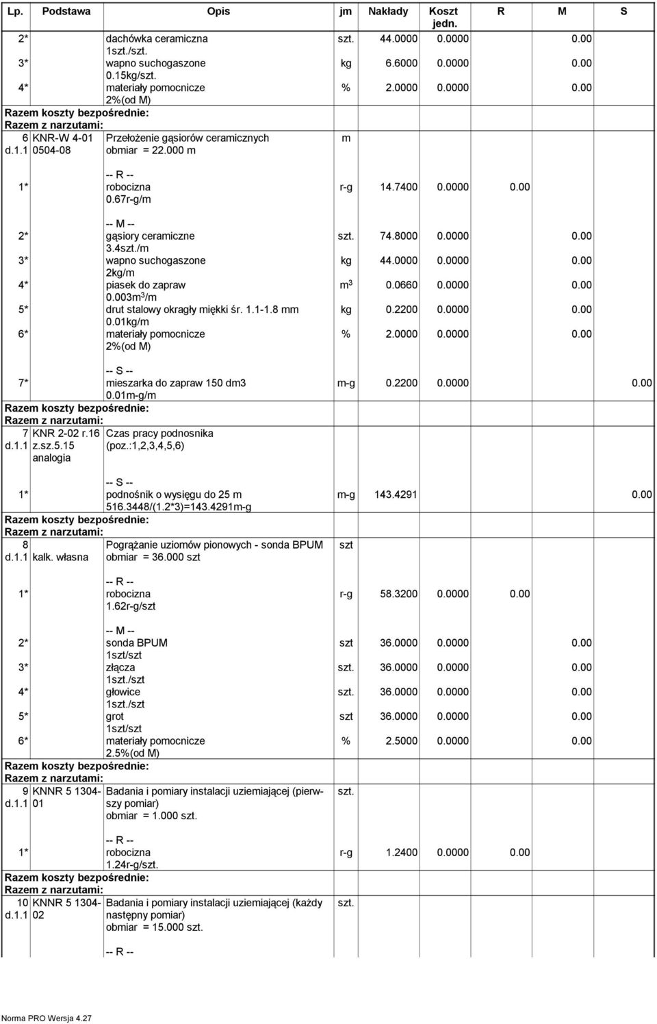 01kg/ 6* ateriały poocnicze 2%(od M) 7* ieszarka do zapraw 150 d3 0.01-g/ 7 KNR 2-02 r.16 z.sz.5.15 analogia Czas pracy podnosnika (poz.:1,2,3,4,5,6) 1* podnośnik o wysięgu do 25 516.3448/(1.2*3)=143.