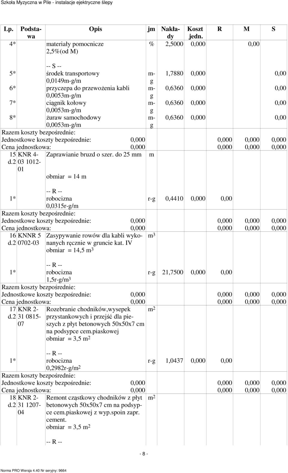 do 25 obiar = 14 r-g 0,4410 0,000 0,00 0,0315r-g/ 16 KNNR 5 Zasypywanie rowów dla kabli wykonanych 3 0702-03 ręcznie w gruncie kat.