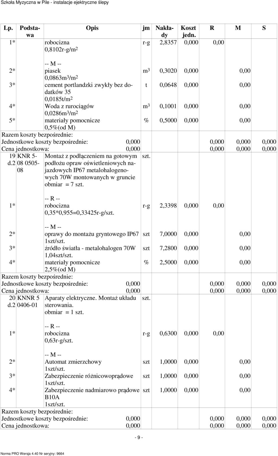 0,000 0,00 0,0286 3 / 2 5* ateriały poocnicze % 0,5000 0,000 0,00 0,5%(od M) 19 KNR 5-08 0505-08 Montaż z podłączenie na gotowy podłożu opraw oświetleniowych najazdowych IP67 etalohalogenowych 70W