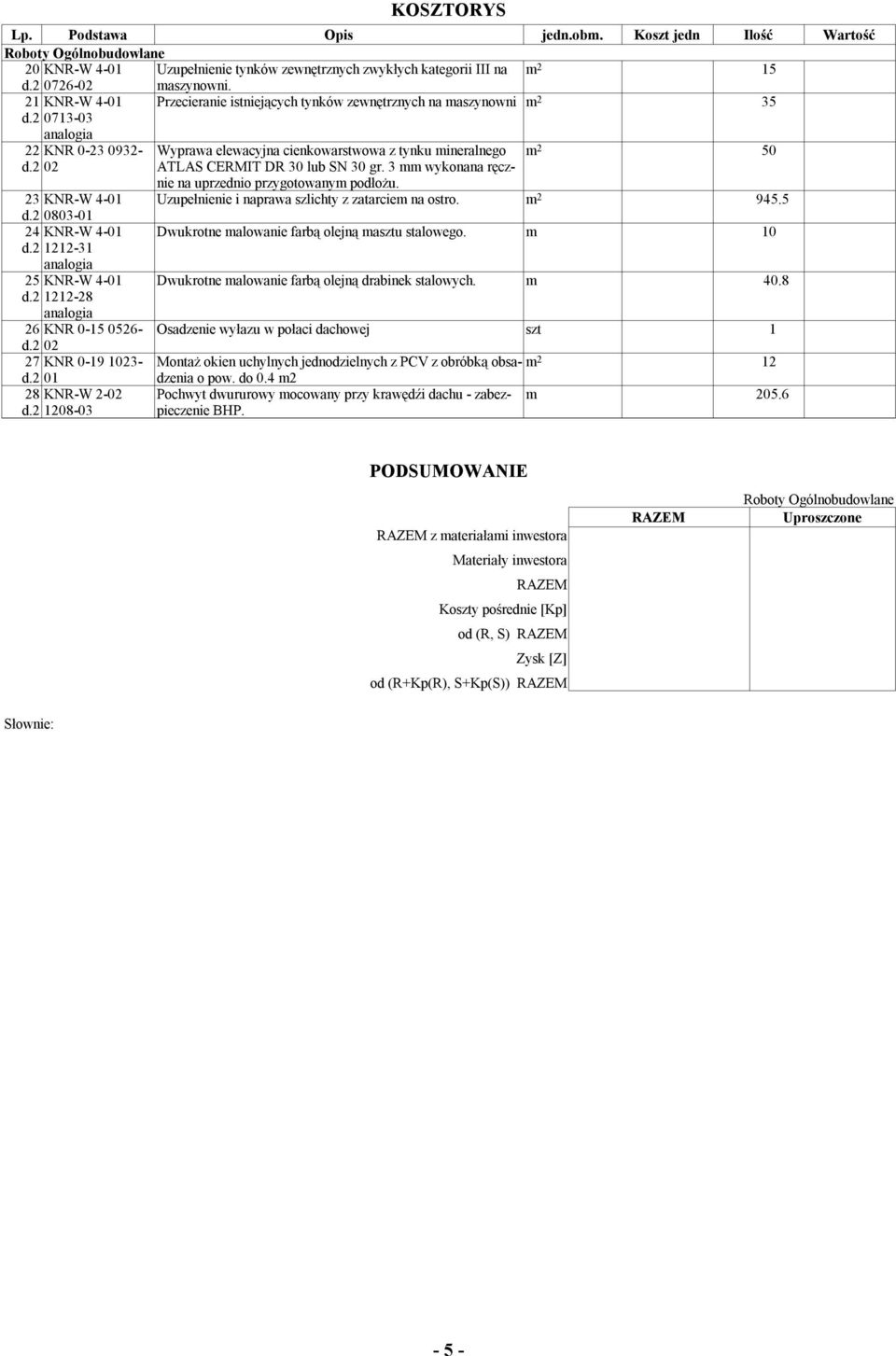 2 02 ATLAS CERMIT DR 30 lub SN 30 gr. 3 wykonana ręcznie na uprzednio przygotowany podłożu. 23 KNR-W 4-01 Uzupełnienie i naprawa szlichty z zatarcie na ostro. 2 945.5 d.