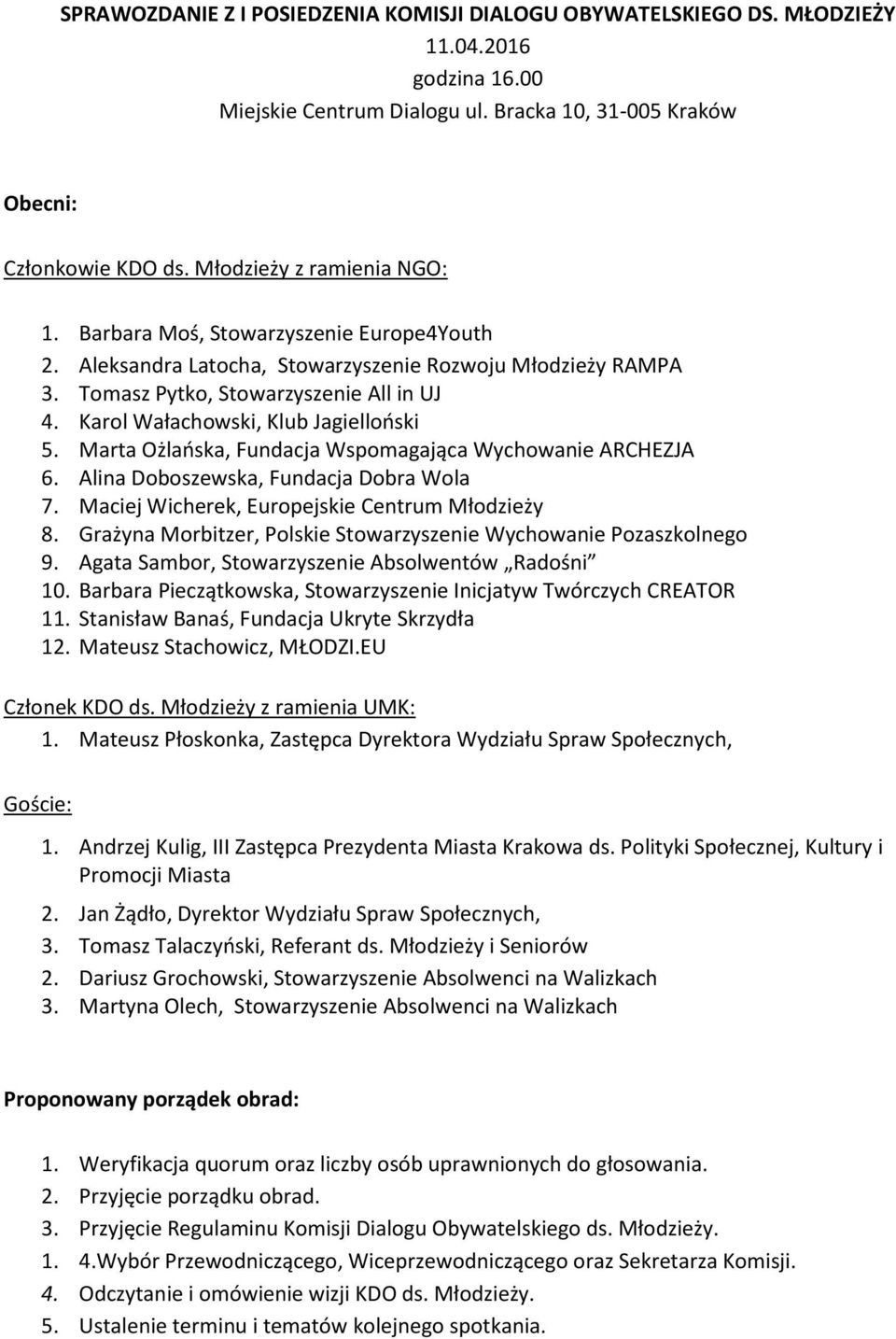 Karol Wałachowski, Klub Jagielloński 5. Marta Ożlańska, Fundacja Wspomagająca Wychowanie ARCHEZJA 6. Alina Doboszewska, Fundacja Dobra Wola 7. Maciej Wicherek, Europejskie Centrum Młodzieży 8.