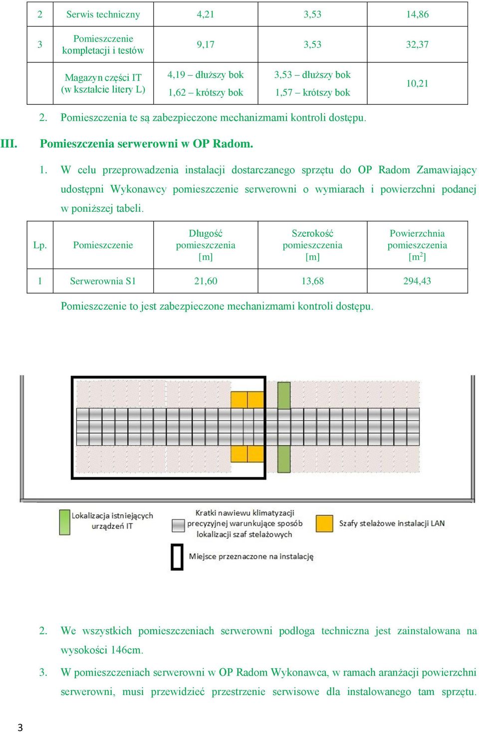 W celu przeprowadzenia instalacji dostarczanego sprzętu do OP Radom Zamawiający udostępni Wykonawcy pomieszczenie serwerowni o wymiarach i powierzchni podanej w poniższej tabeli. Lp.