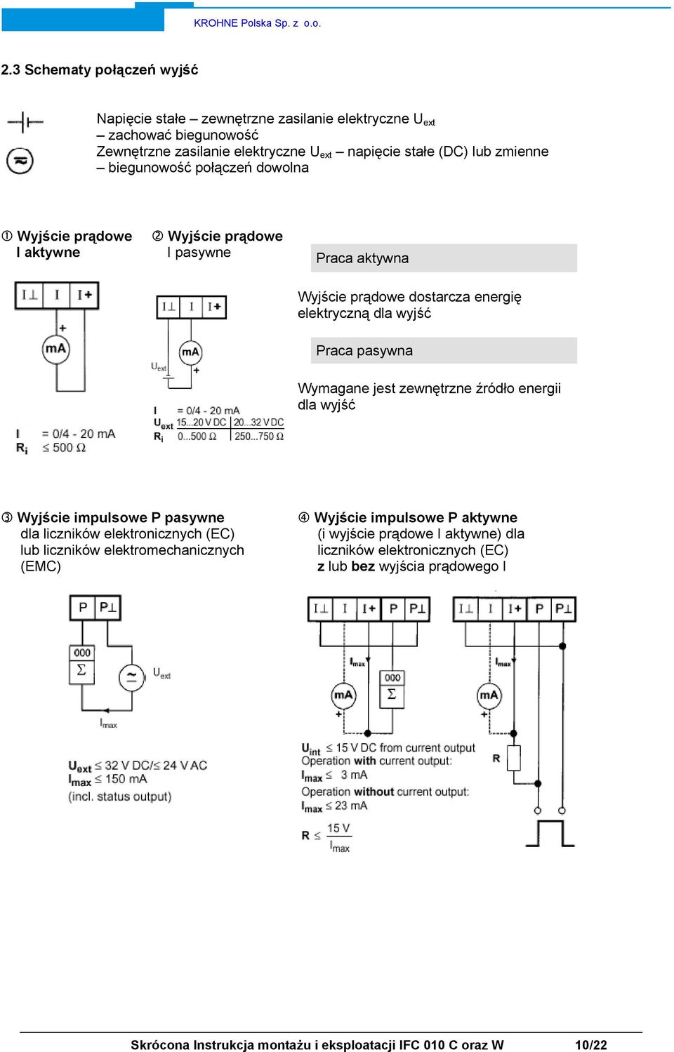 pasywna Wymagane jest zewnętrzne źródło energii dla wyjść Wyjście impulsowe P pasywne dla liczników elektronicznych (EC) lub liczników elektromechanicznych (EMC) Wyjście