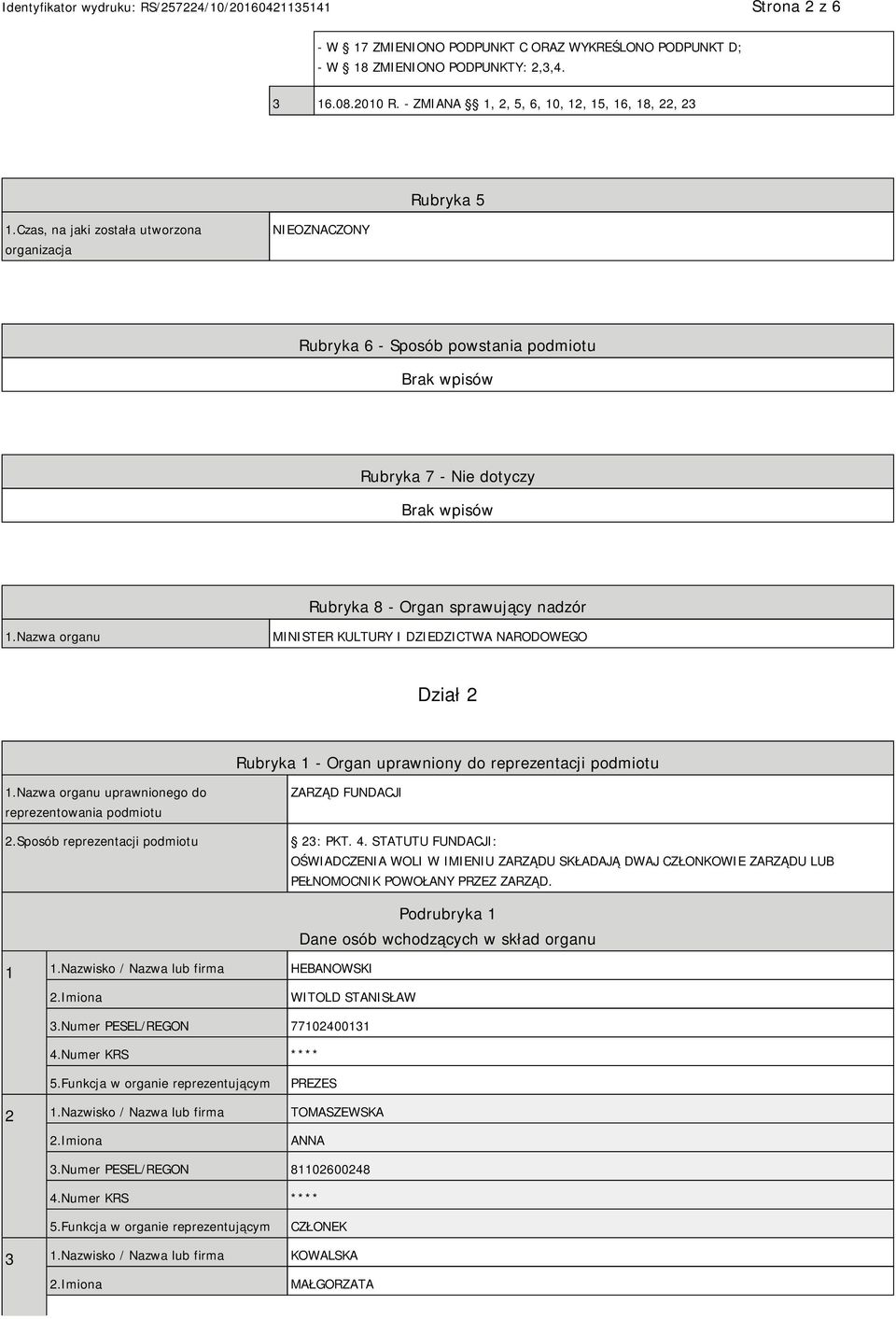 Nazwa organu MINISTER KULTURY I DZIEDZICTWA NARODOWEGO Dział 2 Rubryka 1 - Organ uprawniony do reprezentacji podmiotu 1.Nazwa organu uprawnionego do reprezentowania podmiotu 2.