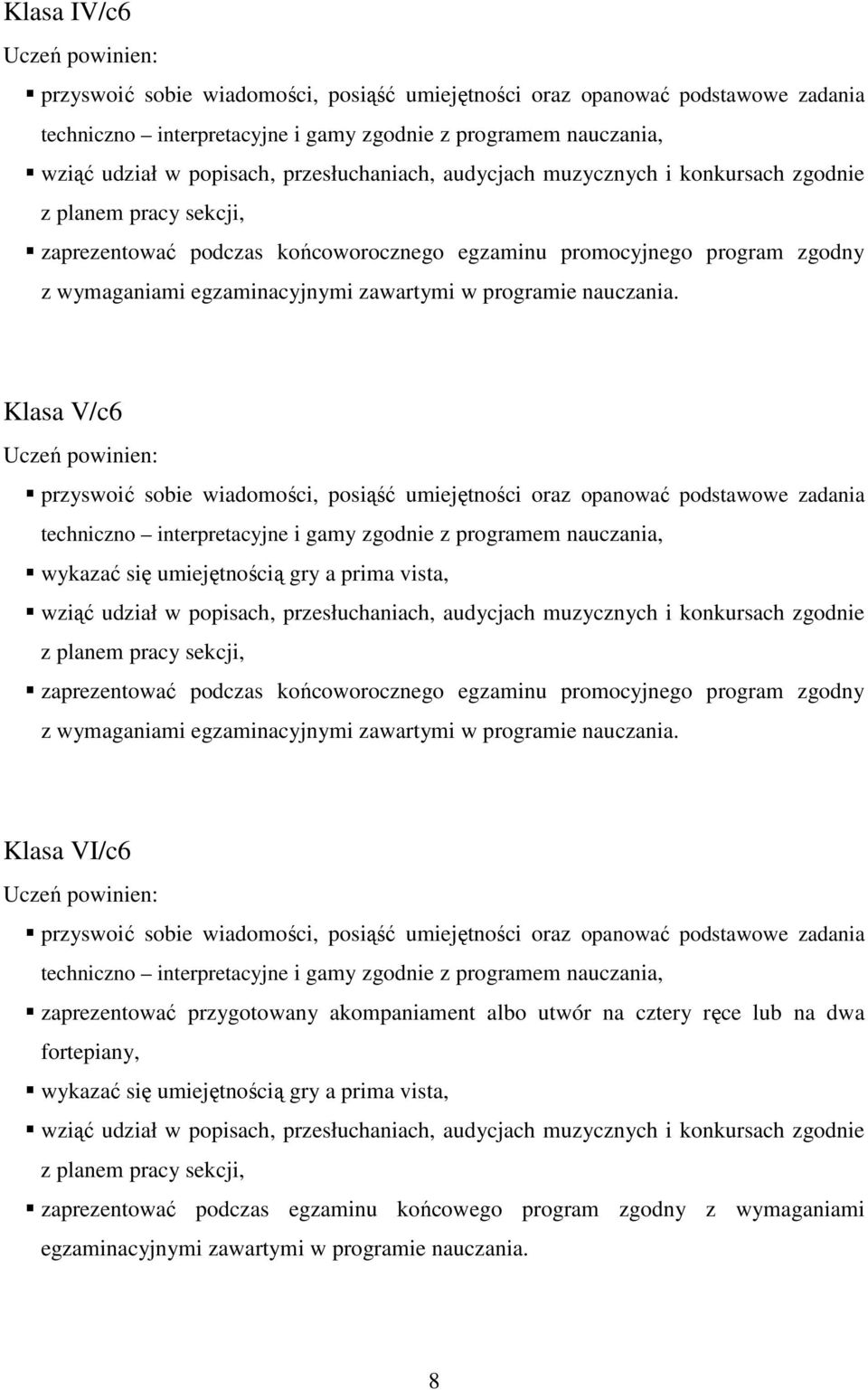 fortepiany, wykazać się umiejętnością gry a prima vista, zaprezentować podczas