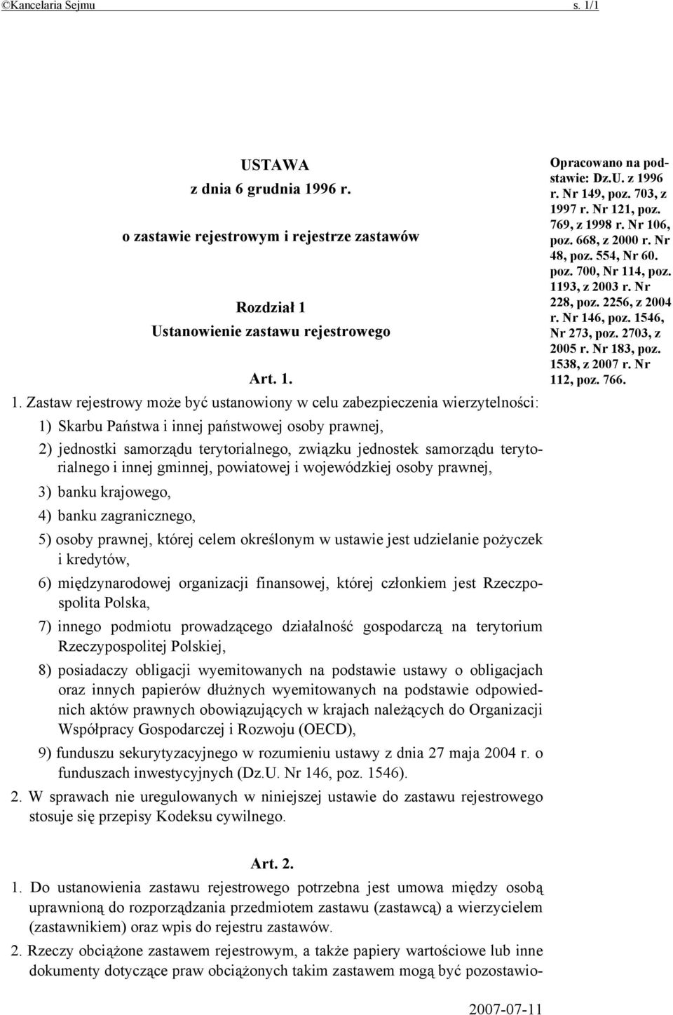 96 r. o zastawie rejestrowym i rejestrze zastawów Rozdział 1 