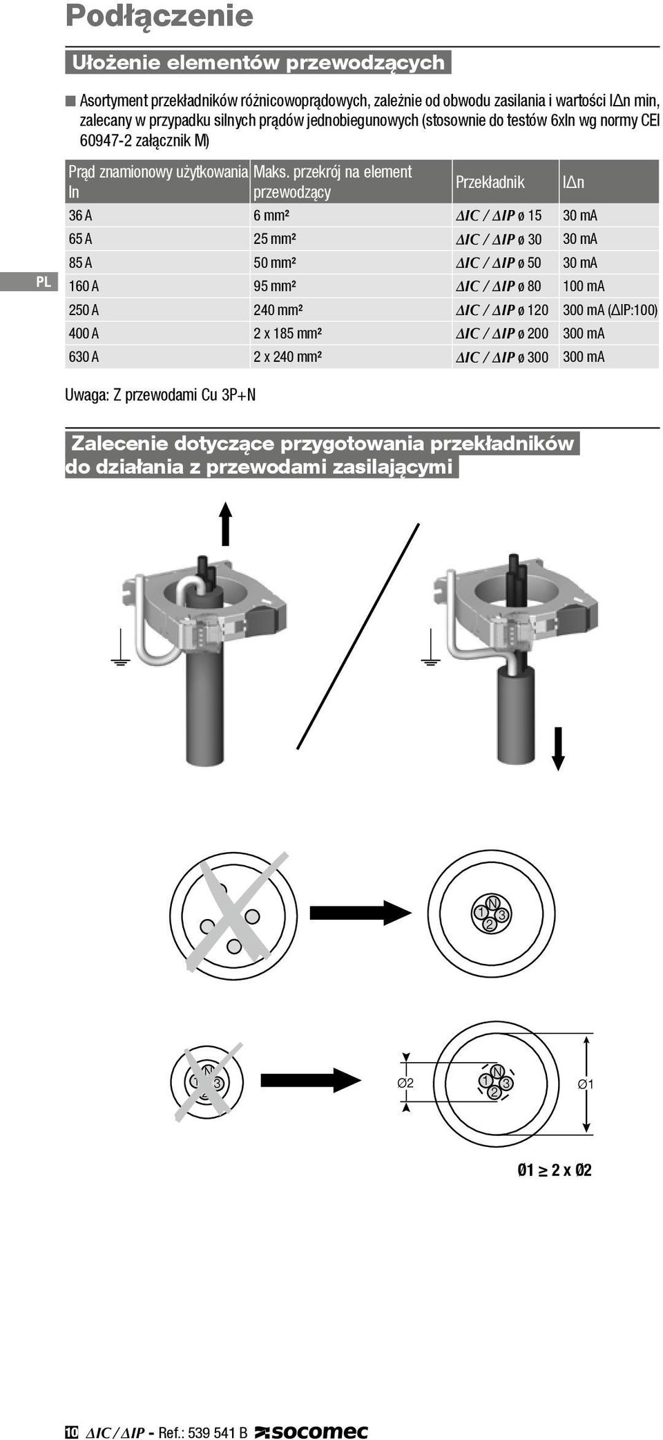 przekrój na element In przewodzący Przekładnik IΔn 36 A 6 mm² IC / IP ø 1 30 ma 6 A 2 mm² IC / IP ø 30 30 ma 8 A 0 mm² IC / IP ø 0 30 ma 160 A 9 mm² IC / IP ø 80 100 ma 20 A 240 mm² IC / IP