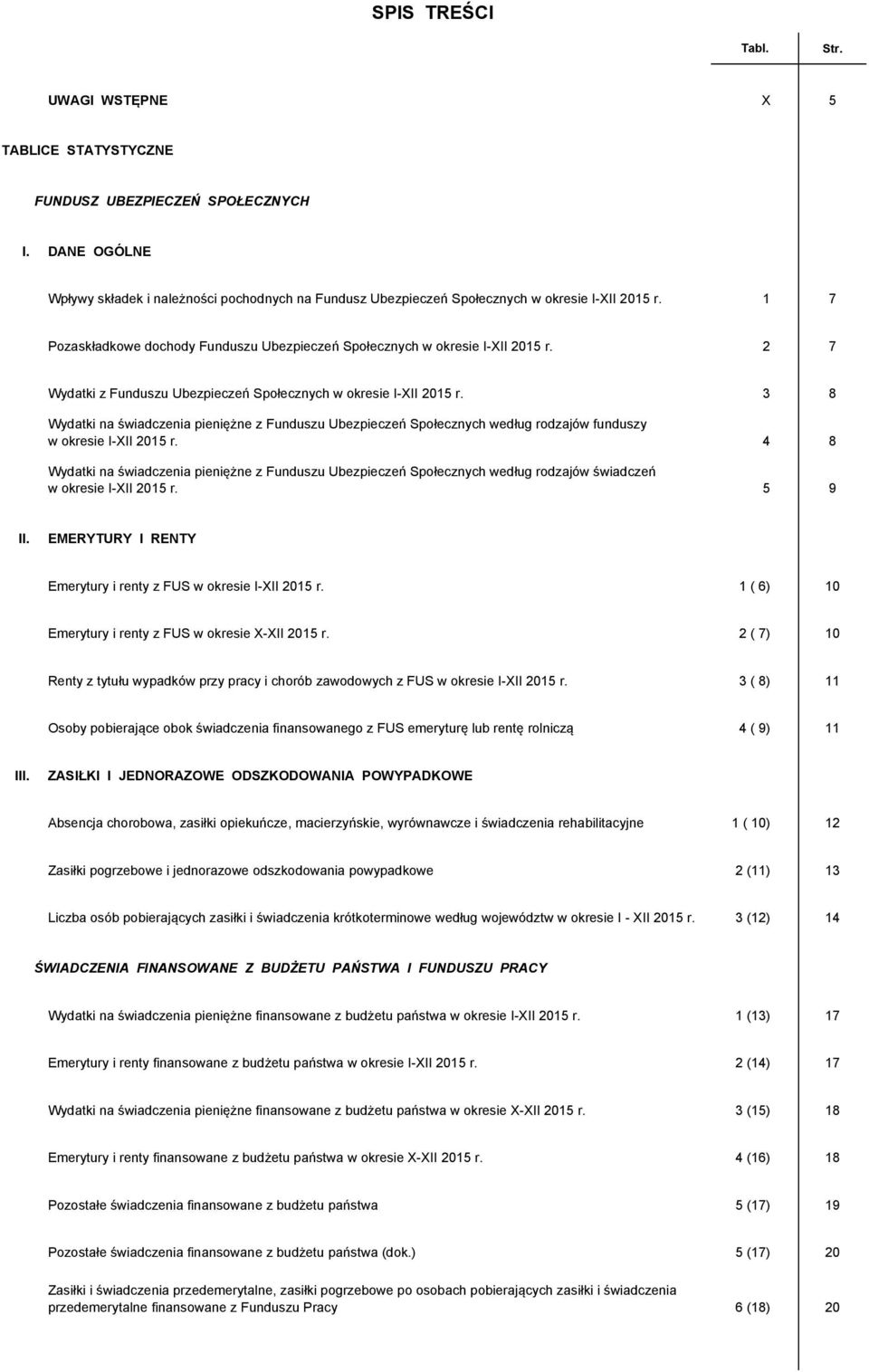 2 7 Wydatki z Funduszu Ubezpieczeń Społecznych w okresie I-XII 2015 r. 3 8 Wydatki na świadczenia pieniężne z Funduszu Ubezpieczeń Społecznych według rodzajów funduszy w okresie I-XII 2015 r.