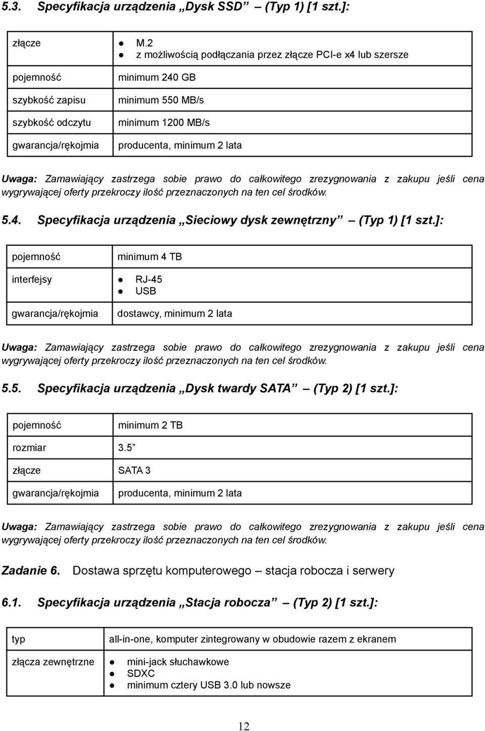 całkowitego zrezygnowania z zakupu jeśli cena wygrywającej oferty przekroczy ilość przeznaczonych na ten cel środków. 5.4. Specyfikacja urządzenia Sieciowy dysk zewnętrzny (Typ 1) [1 szt.