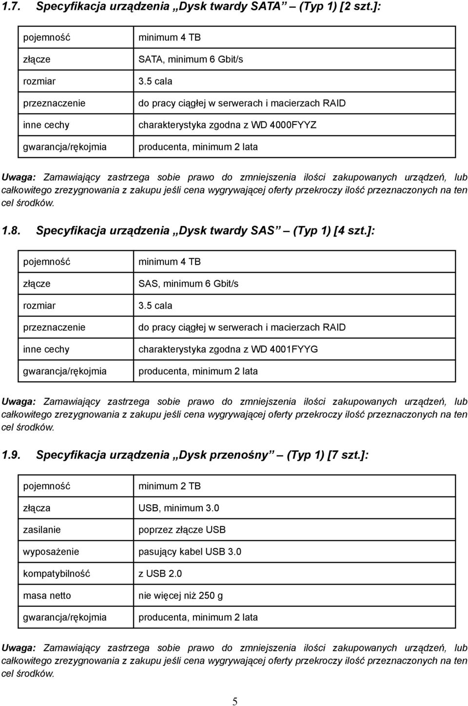 zrezygnowania z zakupu jeśli cena wygrywającej oferty przekroczy ilość przeznaczonych na ten cel środków. 1.8. Specyfikacja urządzenia Dysk twardy SAS (Typ 1) [4 szt.