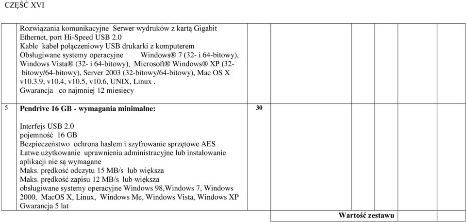 2003 (32-bitowy/64-bitowy), Mac OS X v10.3.9, v10.4, v10.5, v10.6, UNIX, Linux. Gwarancja co najmniej 12 miesięcy 5 Pendrive 16 GB - wymagania minimalne: 30 Interfejs USB 2.