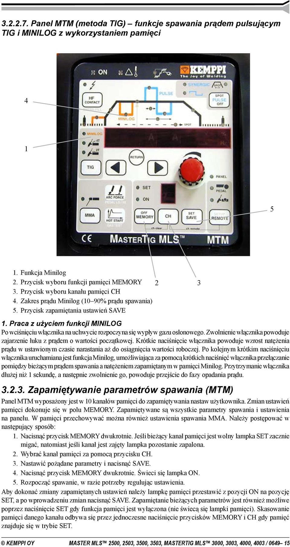 Praca z użyciem funkcji MINILOG Po wciśnięciu włącznika na uchwycie rozpoczyna się wypływ gazu osłonowego. Zwolnienie włącznika powoduje zajarzenie łuku z prądem o wartości początkowej.
