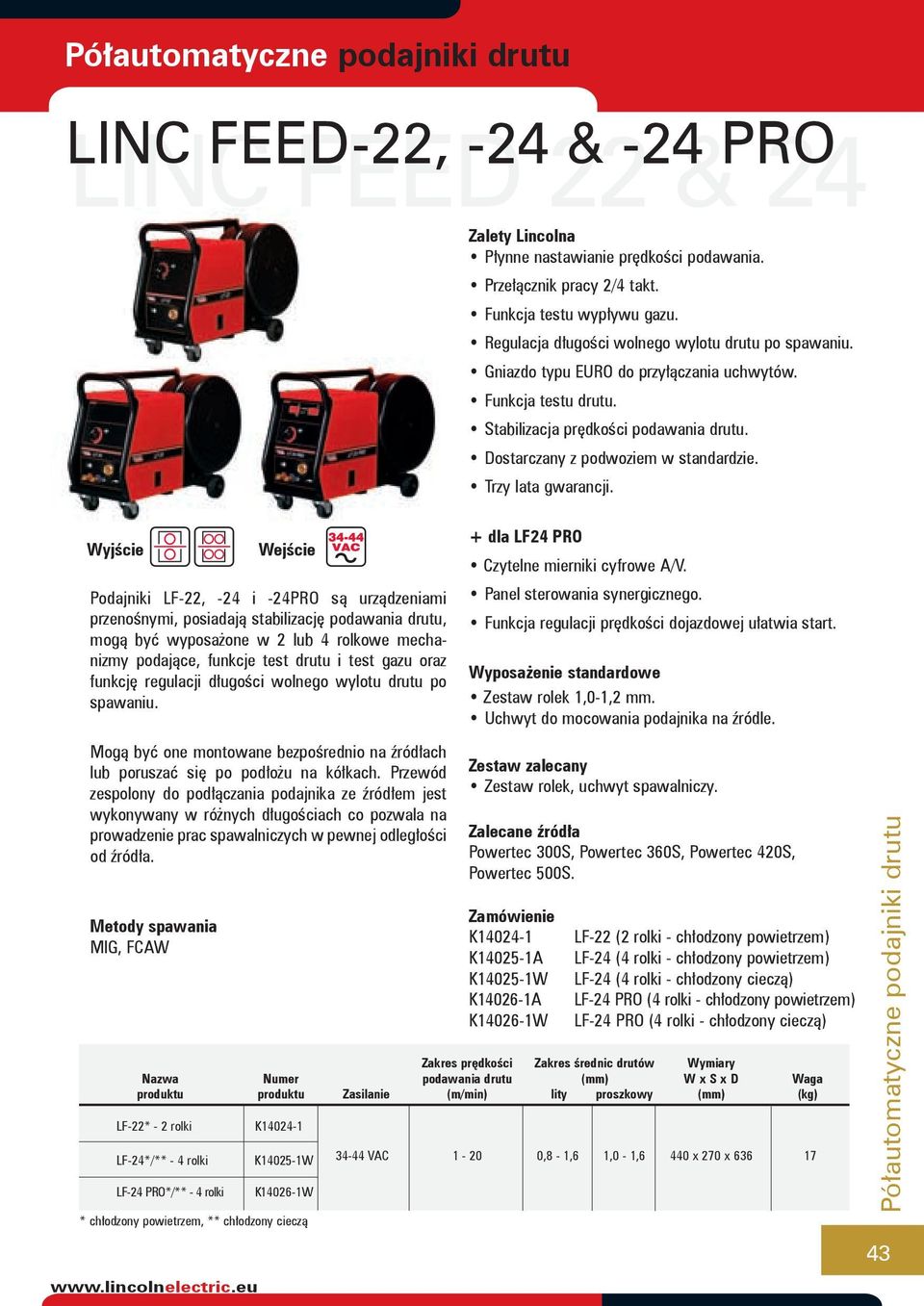 Podajniki LF-22, -24 i -24PRO są urządzeniami przenośnymi, posiadają stabilizację podawania drutu, mogą być wyposażone w 2 lub 4 rolkowe mechanizmy podające, funkcje test drutu i test gazu oraz
