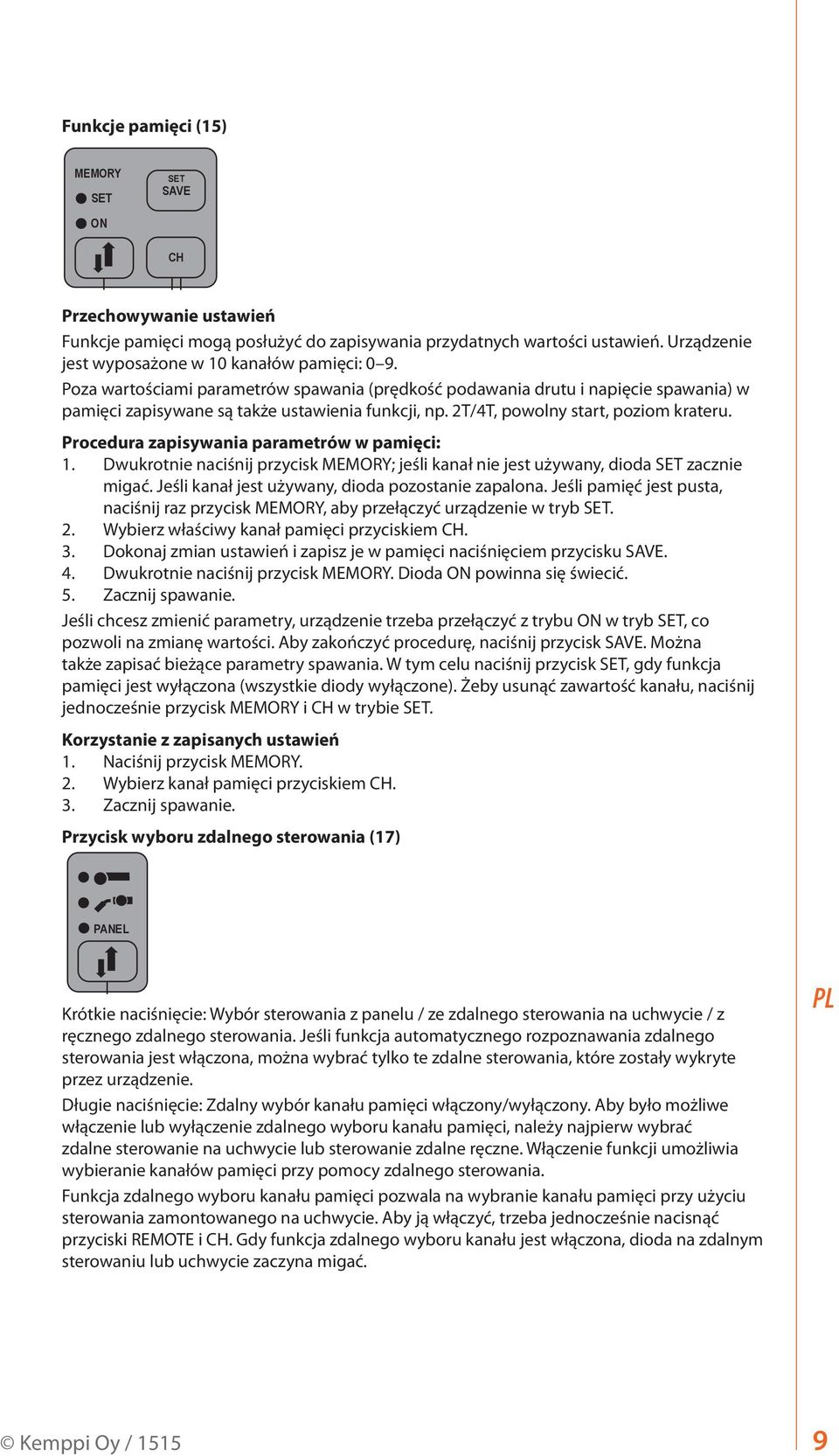 Poza wartościami parametrów spawania (prędkość podawania drutu i napięcie spawania) w pamięci zapisywane są także ustawienia funkcji, np. 2T/4T, powolny start, poziom krateru.