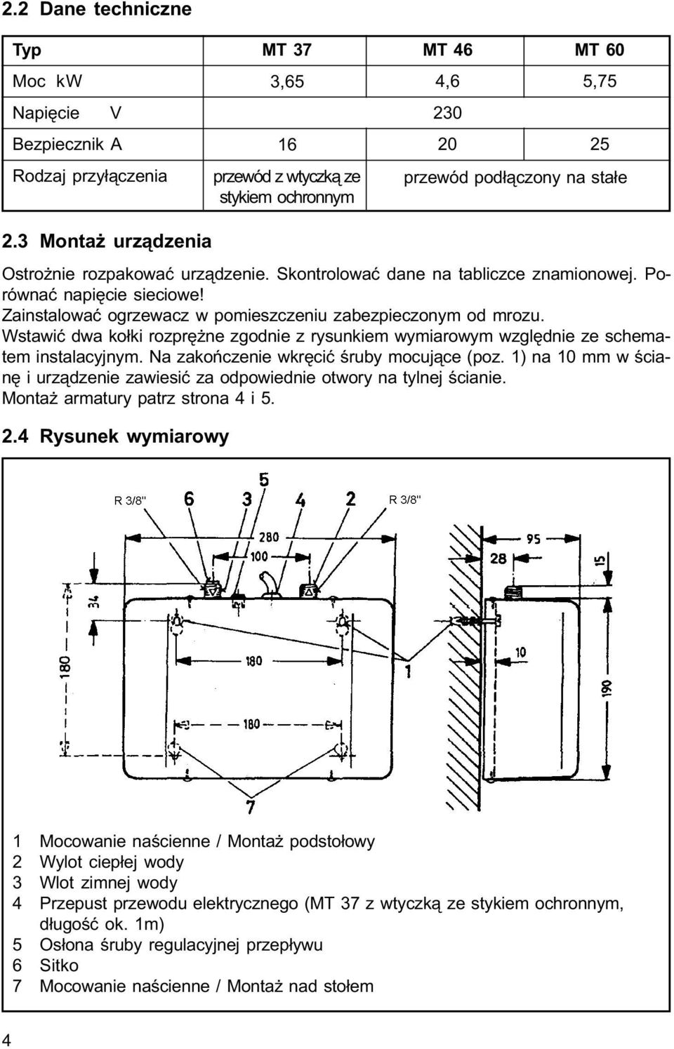 Wstawiæ dwa ko³ki rozprê ne zgodnie z rysunkiem wymiarowym wzglêdnie ze schematem instalacyjnym. Na zakoñczenie wkrêciæ œruby mocuj¹ce (poz.