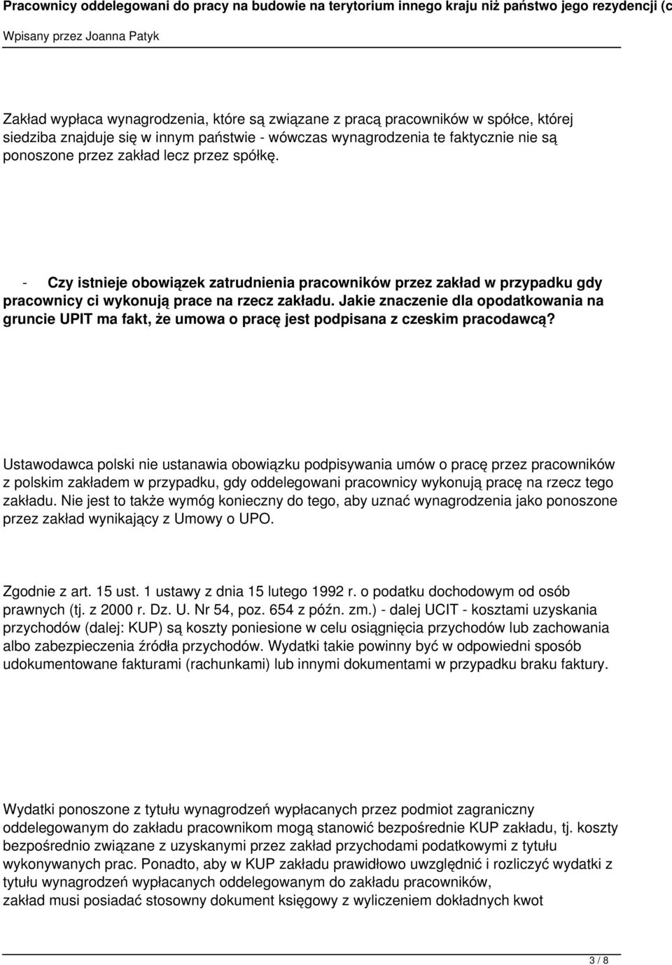 Jakie znaczenie dla opodatkowania na gruncie UPIT ma fakt, że umowa o pracę jest podpisana z czeskim pracodawcą?