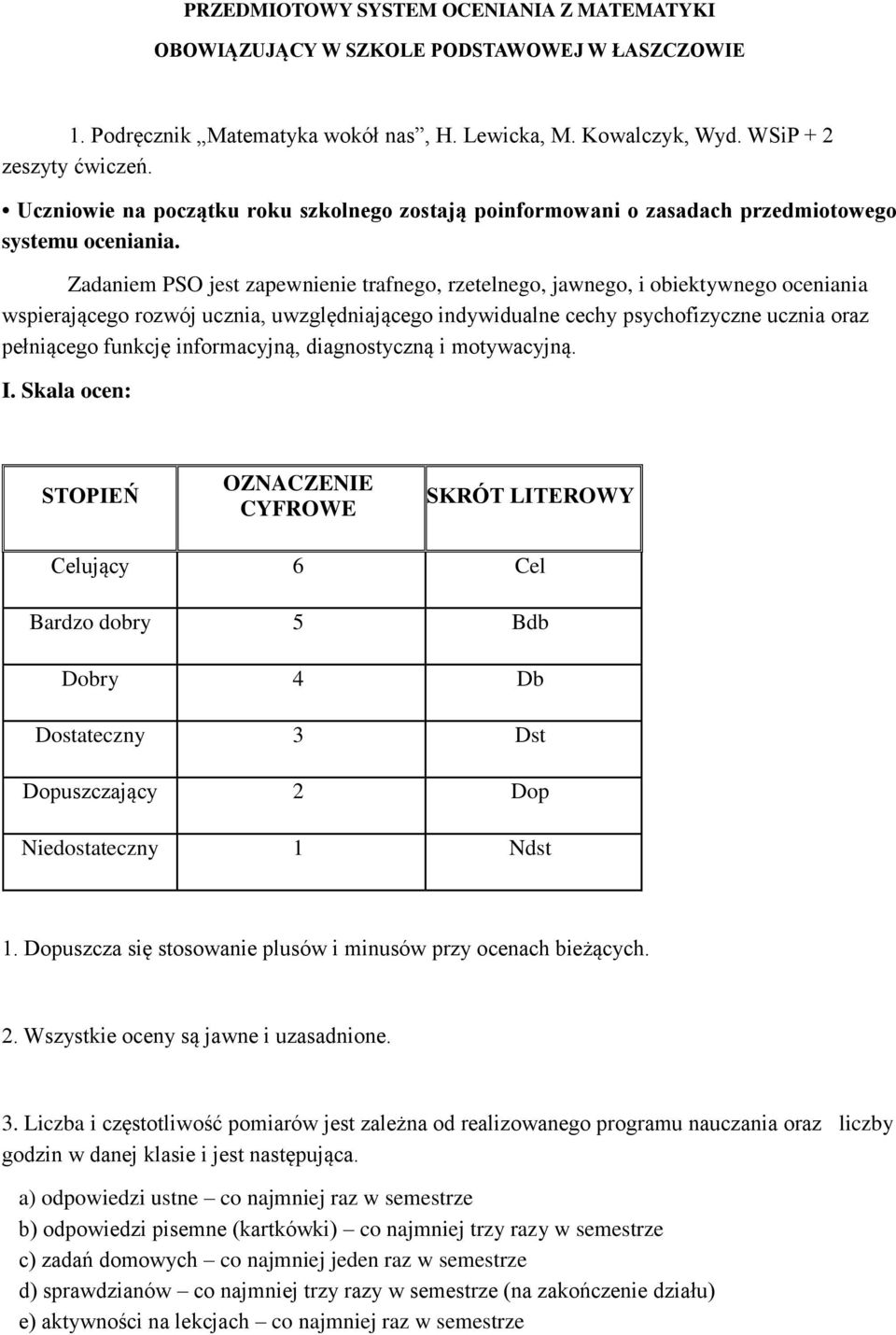 Zadaniem PSO jest zapewnienie trafnego, rzetelnego, jawnego, i obiektywnego oceniania wspierającego rozwój ucznia, uwzględniającego indywidualne cechy psychofizyczne ucznia oraz pełniącego funkcję