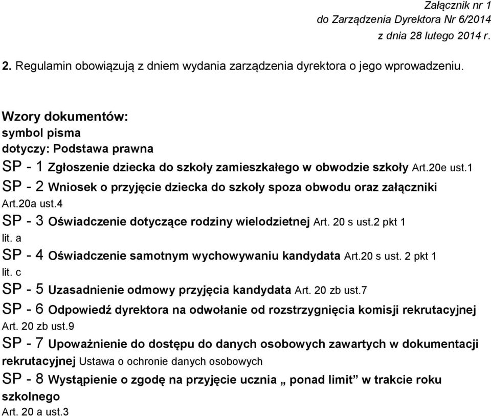 1 SP - 2 Wniosek o przyjęcie dziecka do szkoły spoza obwodu oraz załączniki Art.20a ust.4 SP - 3 Oświadczenie dotyczące rodziny wielodzietnej Art. 20 s ust.2 pkt 1 lit.