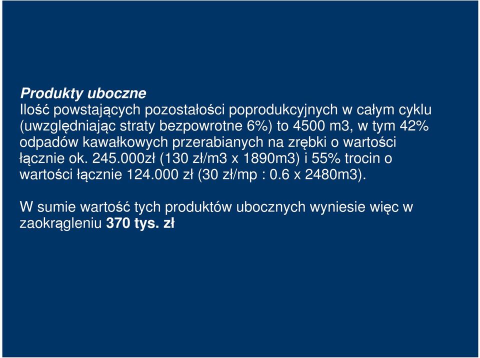 wartości łącznie ok. 245.000zł (130 zł/m3 x 1890m3) i 55% trocin o wartości łącznie 124.