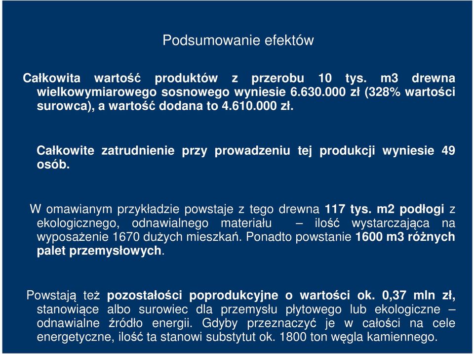 m2 podłogi z ekologicznego, odnawialnego materiału ilość wystarczająca na wyposażenie 1670 dużych mieszkań. Ponadto powstanie 1600 m3 różnych palet przemysłowych.