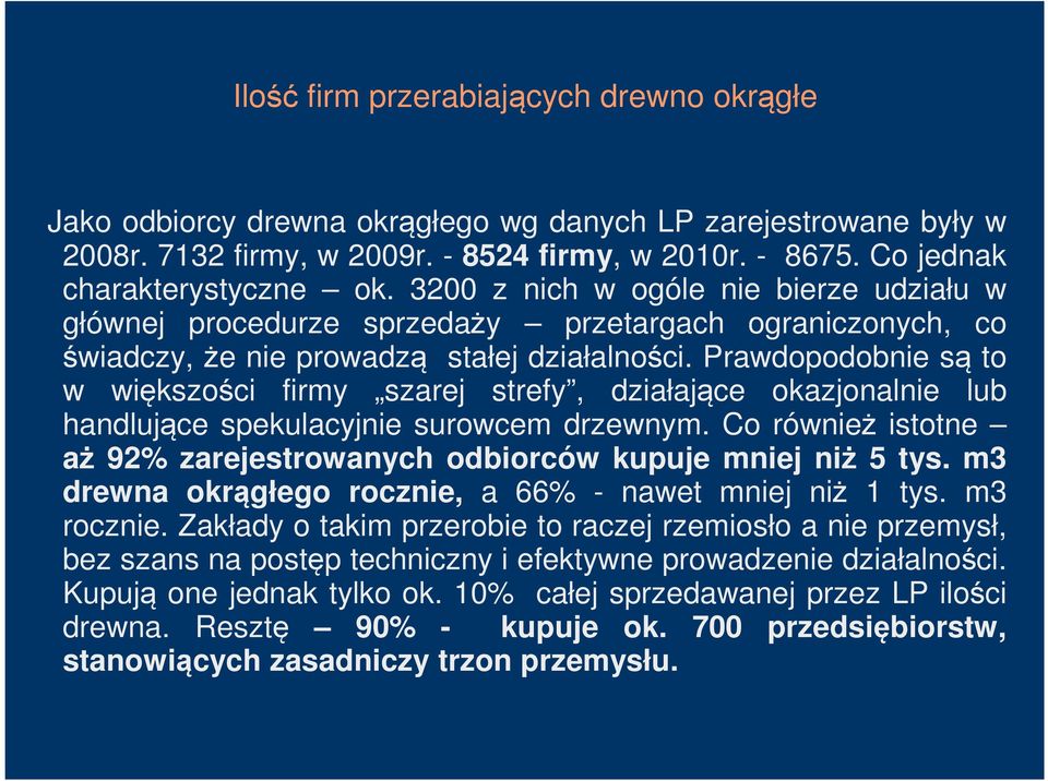 Prawdopodobnie są to w większości firmy szarej strefy, działające okazjonalnie lub handlujące spekulacyjnie surowcem drzewnym.