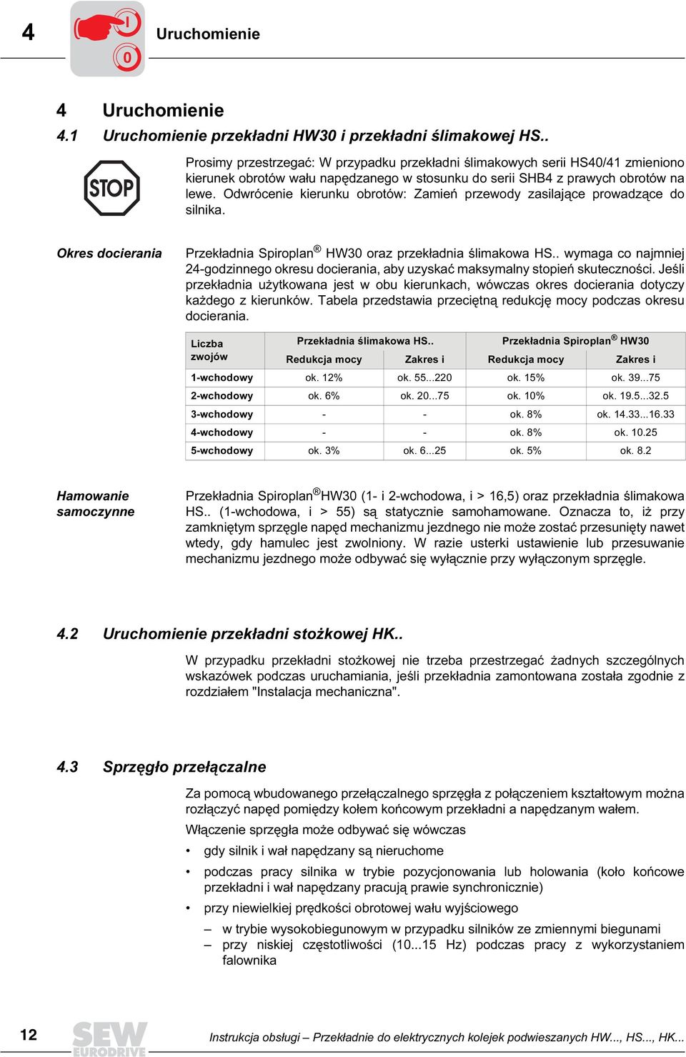 Odwrócenie kierunku obrotów: Zamień przewody zasilające prowadzące do silnika. Okres docierania Przekładnia Spiroplan HW30 oraz przekładnia ślimakowa HS.