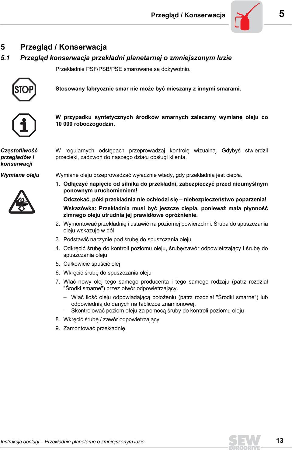 Częstotliwość przeglądów i konserwacji Wymiana oleju W regularnych odstępach przeprowadzaj kontrolę wizualną. Gdybyś stwierdził przecieki, zadzwoń do naszego działu obsługi klienta.