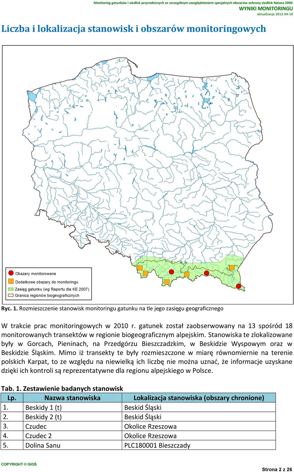Stanowiska te zlokalizowane były w Gorcach, Pieninach, na Przedgórzu Bieszczadzkim, w Beskidzie Wyspowym oraz w Beskidzie Śląskim.