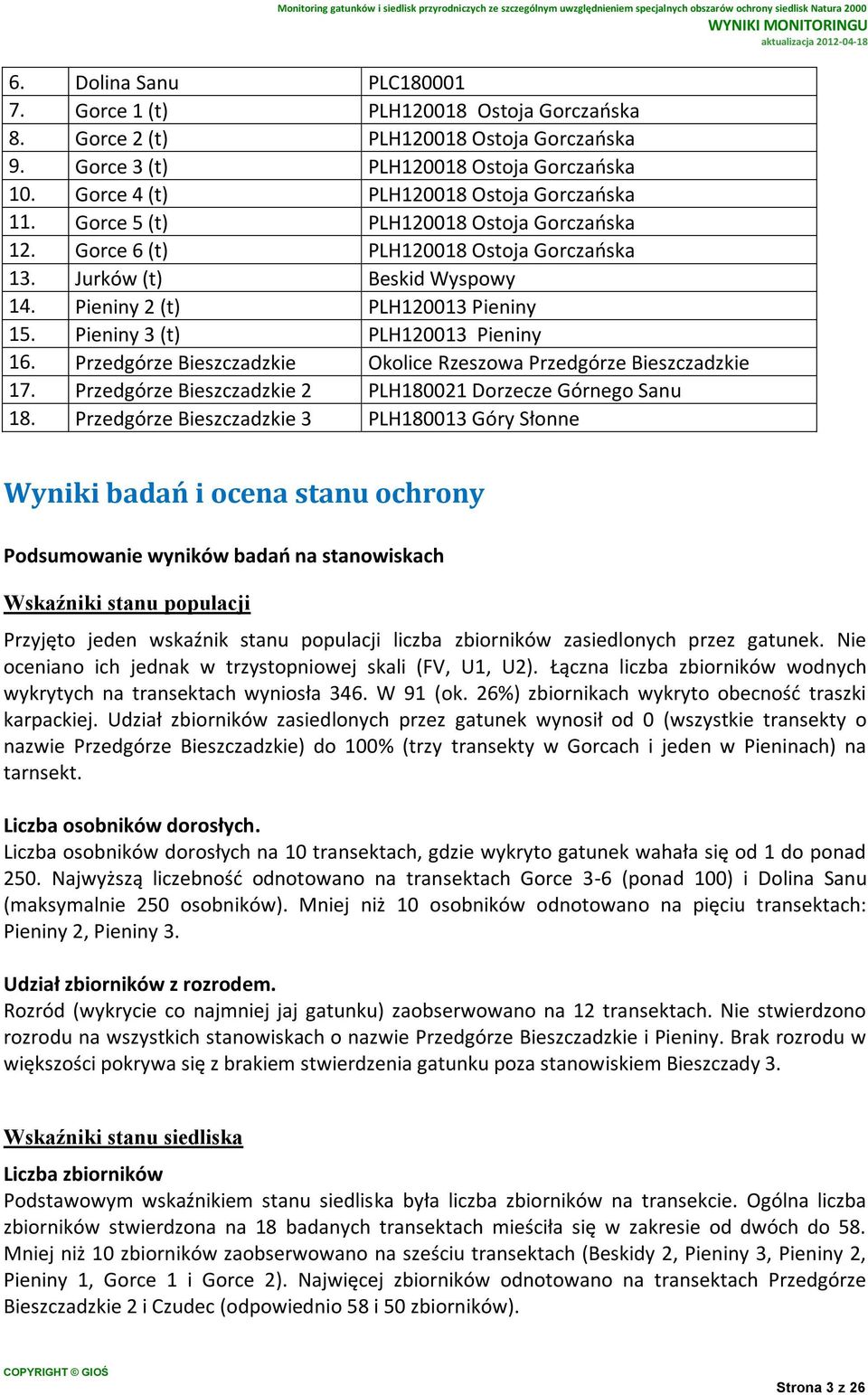 Pieniny 3 (t) PLH120013 Pieniny 16. Przedgórze Bieszczadzkie Okolice Rzeszowa Przedgórze Bieszczadzkie 17. Przedgórze Bieszczadzkie 2 PLH180021 Dorzecze Górnego Sanu 18.