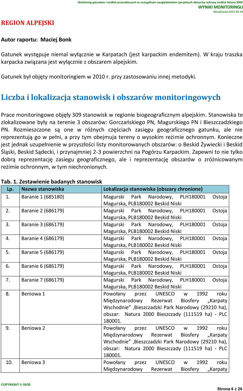 Liczba i lokalizacja stanowisk i obszarów monitoringowych Prace monitoringowe objęły 309 stanowisk w regionie biogeograficznym alpejskim.
