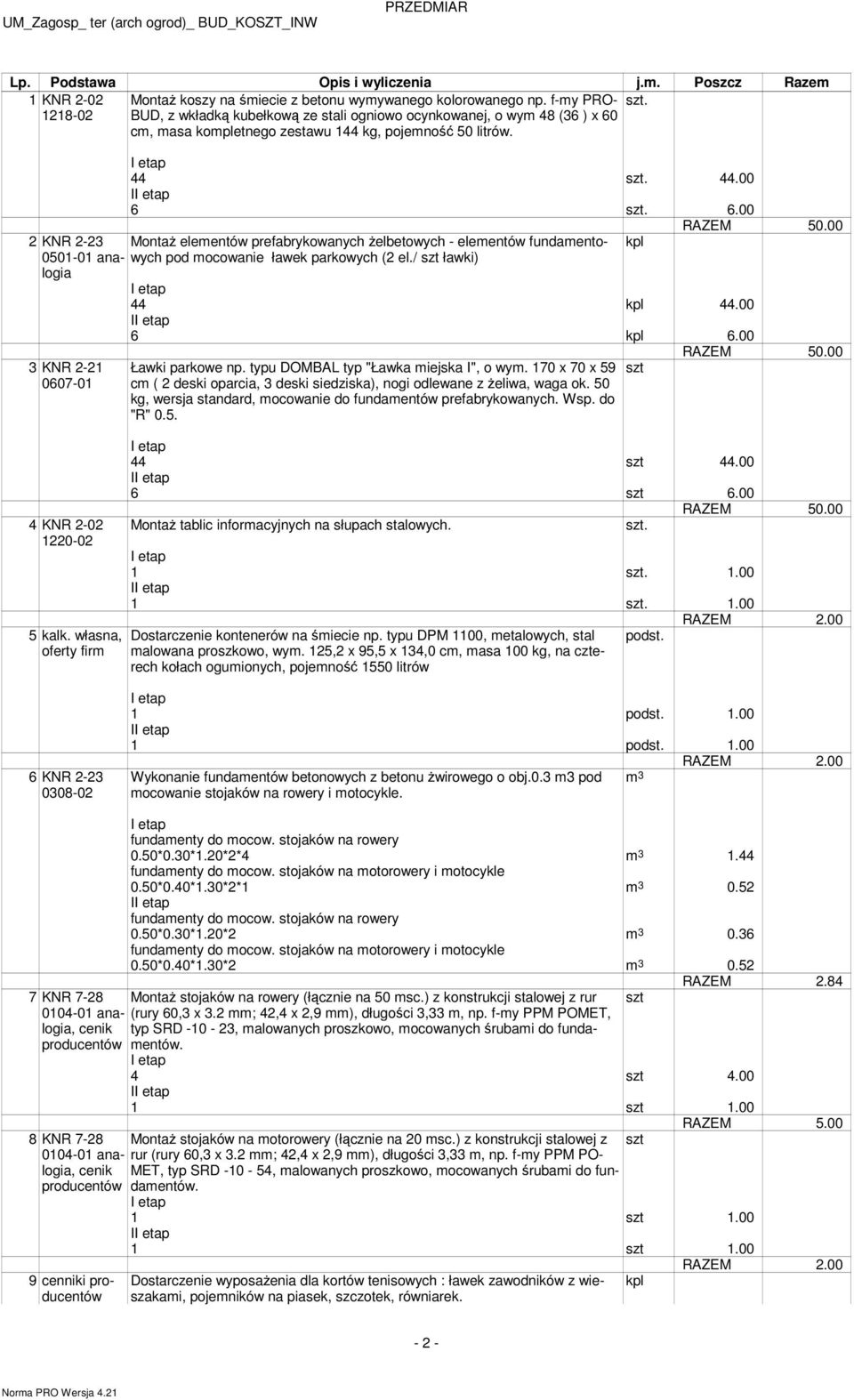 cm, masa kompletnego zestawu 144 kg, pojemność 50 litrów.. 44. 44.00 I 6. 6.00 2 KNR 2-23 MontaŜ elementów prefabrykowanych Ŝelbetowych - elementów fundamentowych kpl pod mocowanie ławek parkowych (2 el.