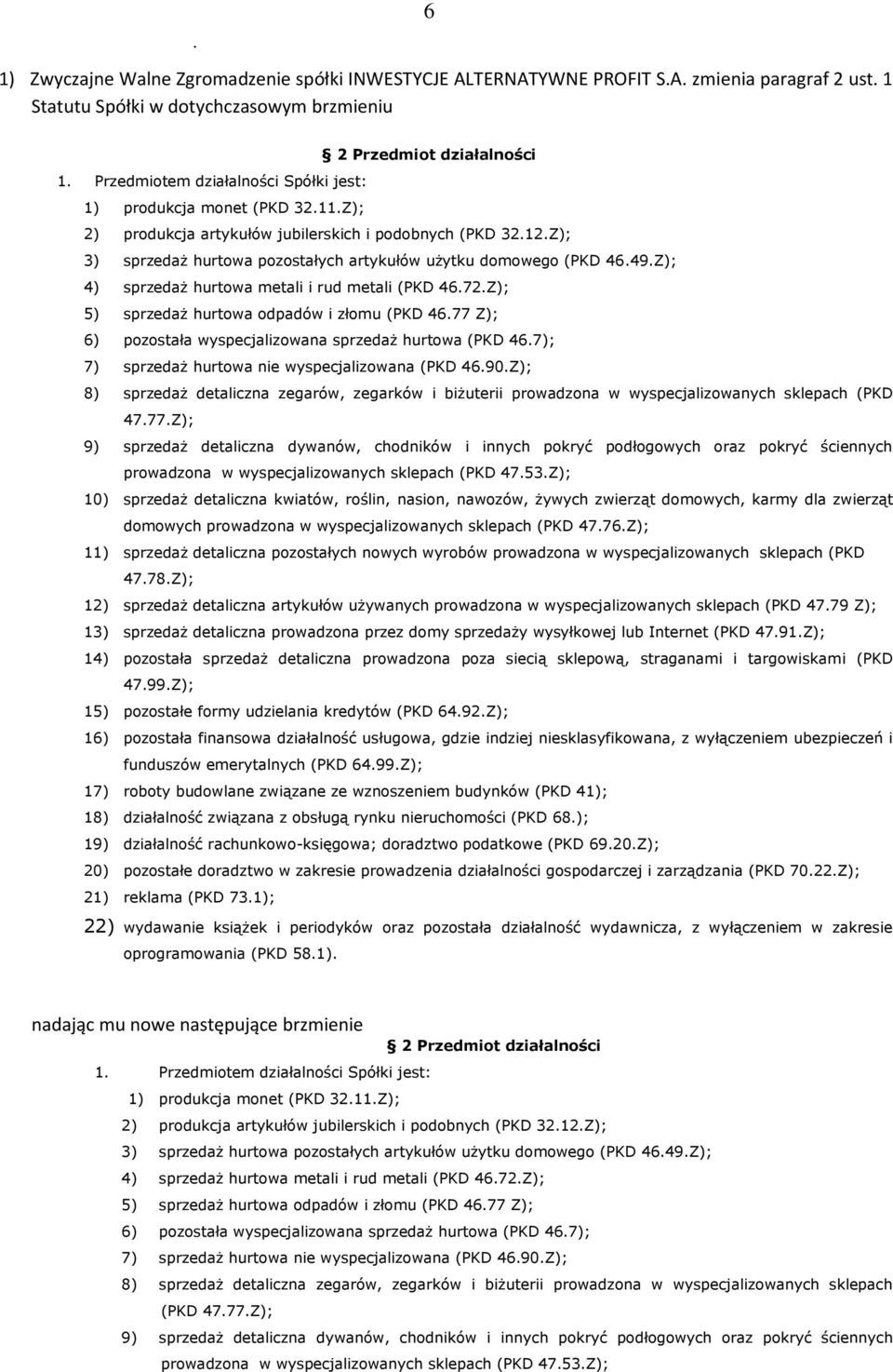 Z); 3) sprzedaż hurtowa pozostałych artykułów użytku domowego (PKD 46.49.Z); 4) sprzedaż hurtowa metali i rud metali (PKD 46.72.Z); 5) sprzedaż hurtowa odpadów i złomu (PKD 46.