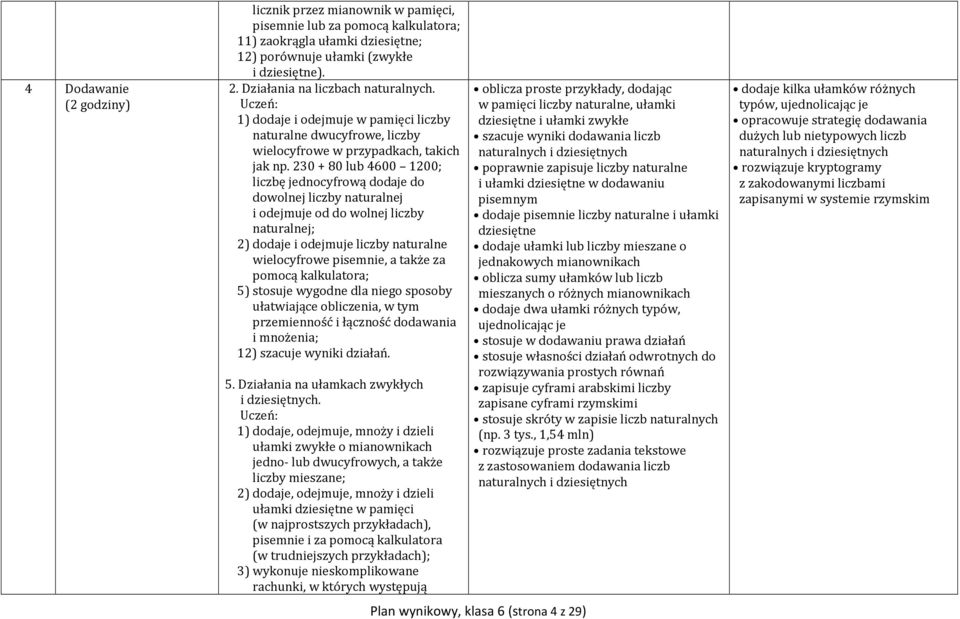 230 + 80 lub 4600 1200; liczbę jednocyfrową dodaje do dowolnej liczby naturalnej i odejmuje od do wolnej liczby naturalnej; 2) dodaje i odejmuje liczby naturalne wielocyfrowe pisemnie, a także za