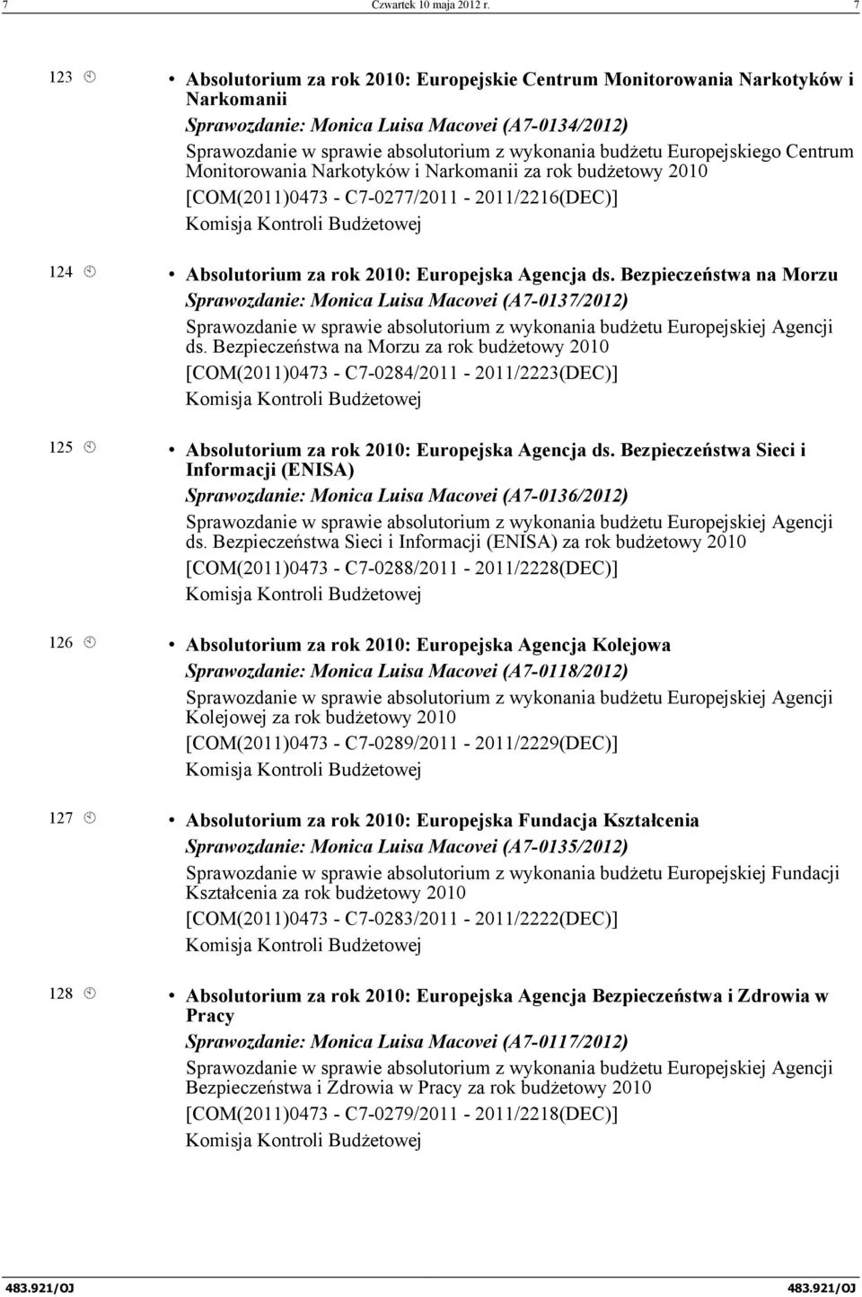 Europejskiego Centrum Monitorowania Narkotyków i Narkomanii za rok budżetowy 2010 [COM(2011)0473 - C7-0277/2011-2011/2216(DEC)] 124 À Absolutorium za rok 2010: Europejska Agencja ds.