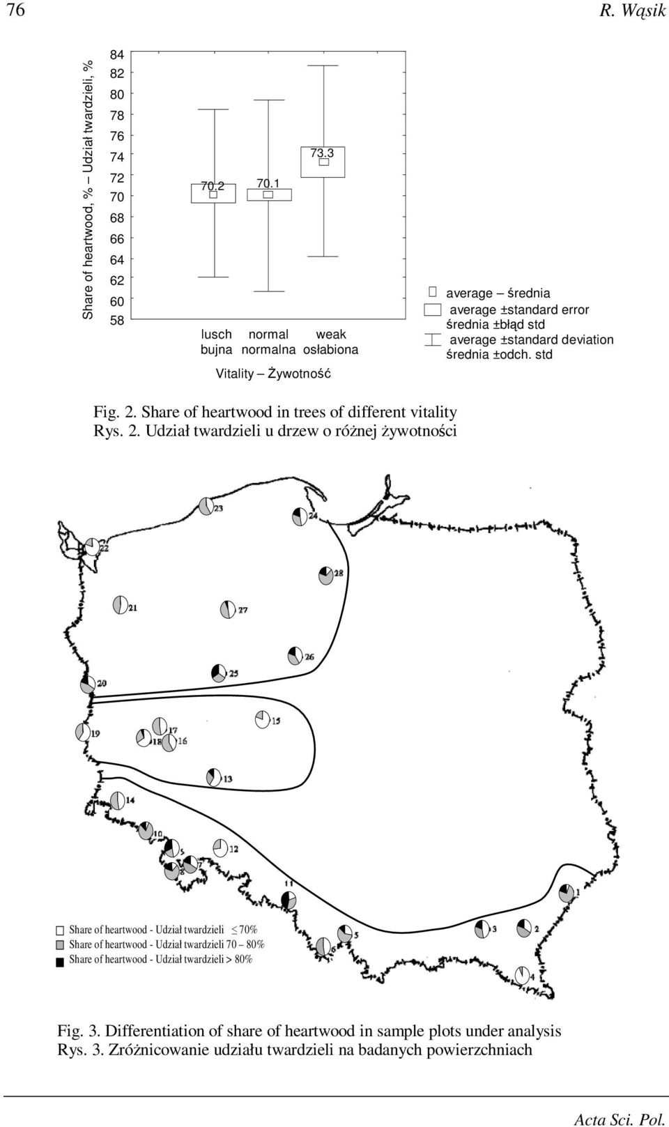Share of heartwood in trees of different vitality Rys. 2.