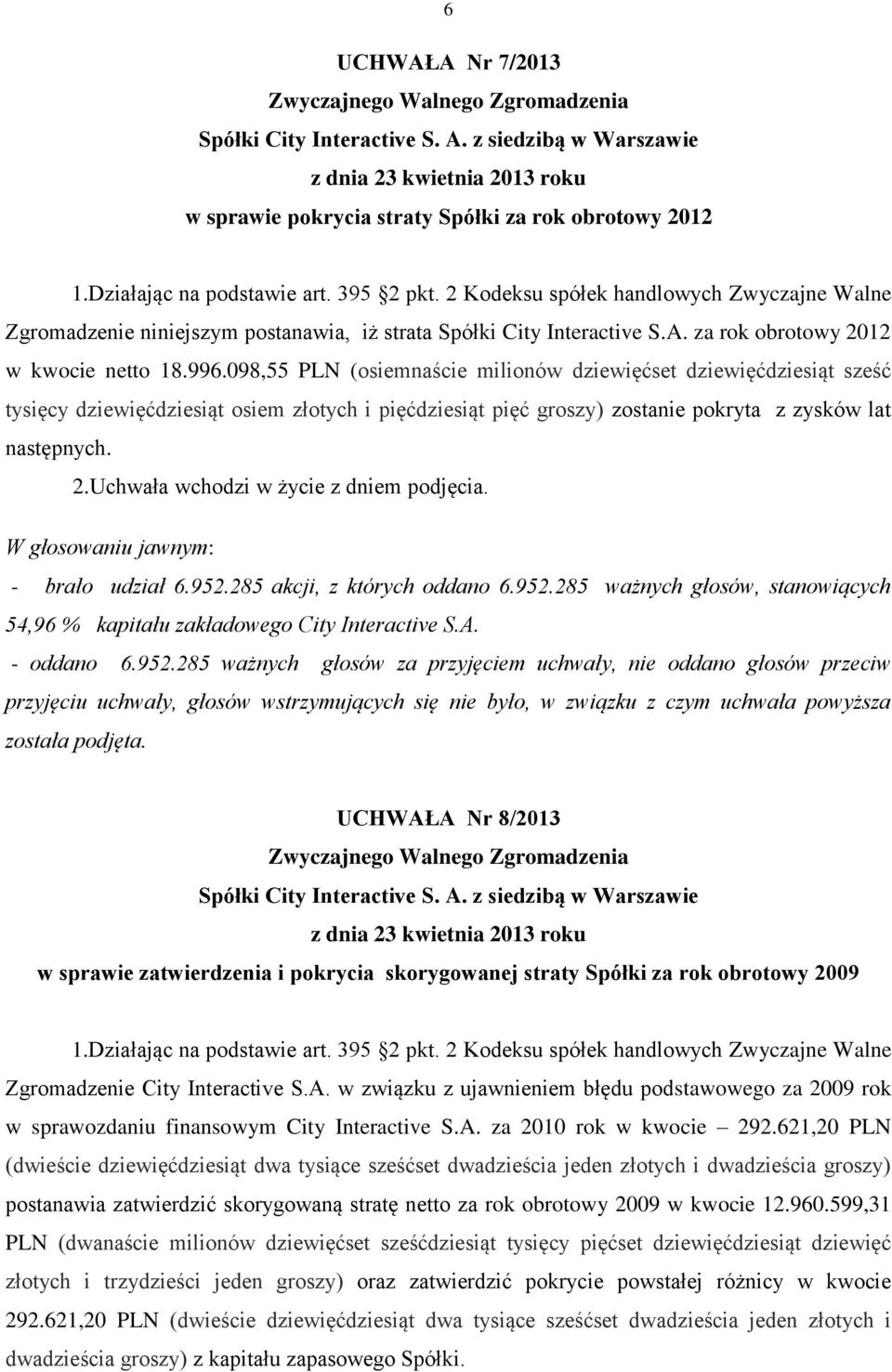 098,55 PLN (osiemnaście milionów dziewięćset dziewięćdziesiąt sześć tysięcy dziewięćdziesiąt osiem złotych i pięćdziesiąt pięć groszy) zostanie pokryta z zysków lat następnych.