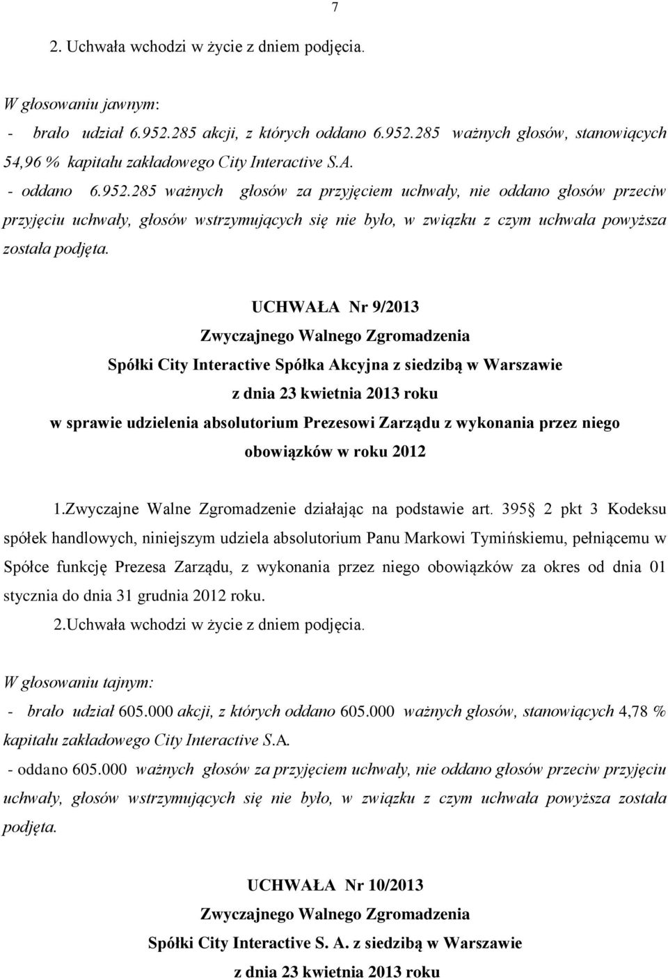 2012 1.Zwyczajne Walne Zgromadzenie działając na podstawie art.