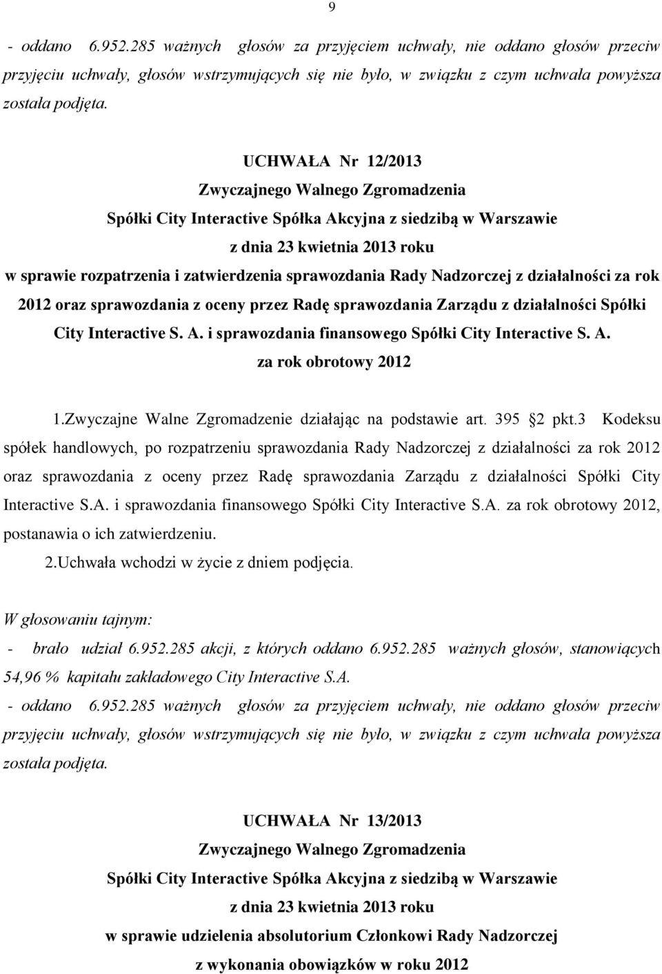 Zwyczajne Walne Zgromadzenie działając na podstawie art. 395 2 pkt.