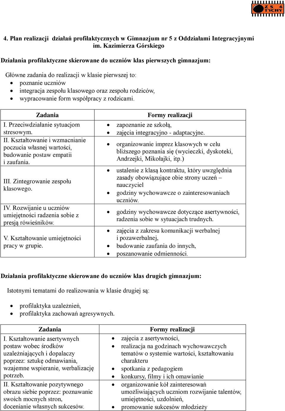 zespołu rodziców, wypracowanie form współpracy z rodzicami. I. Przeciwdziałanie sytuacjom stresowym. II. Kształtowanie i wzmacnianie poczucia własnej wartości, budowanie postaw empatii i zaufania.