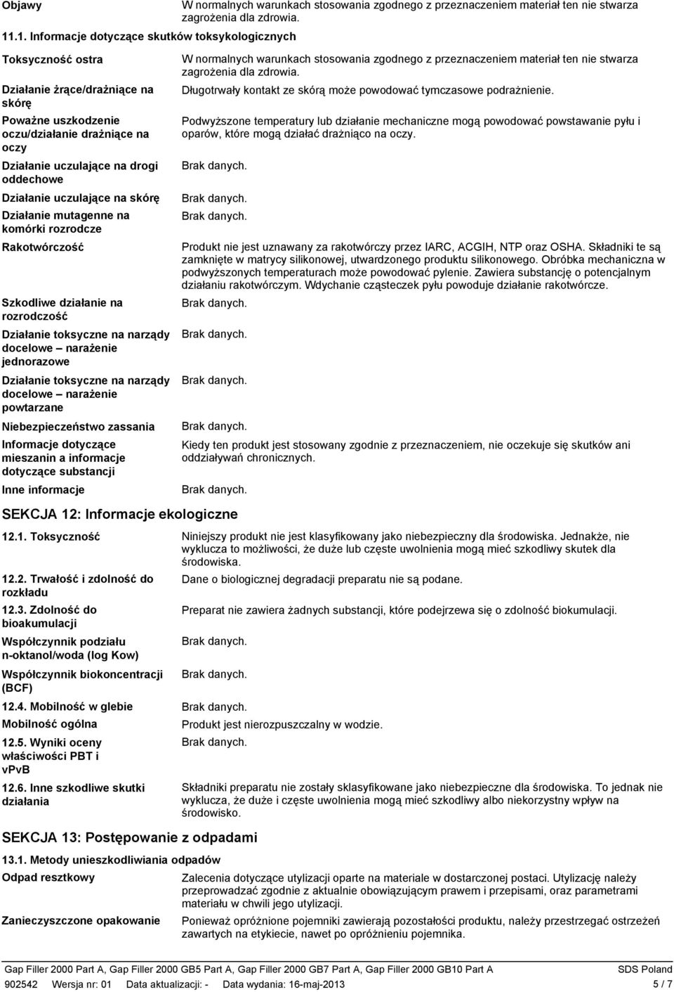 Działanie uczulające na skórę Działanie mutagenne na komórki rozrodcze Rakotwórczość Szkodliwe działanie na rozrodczość Działanie toksyczne na narządy docelowe narażenie jednorazowe Działanie